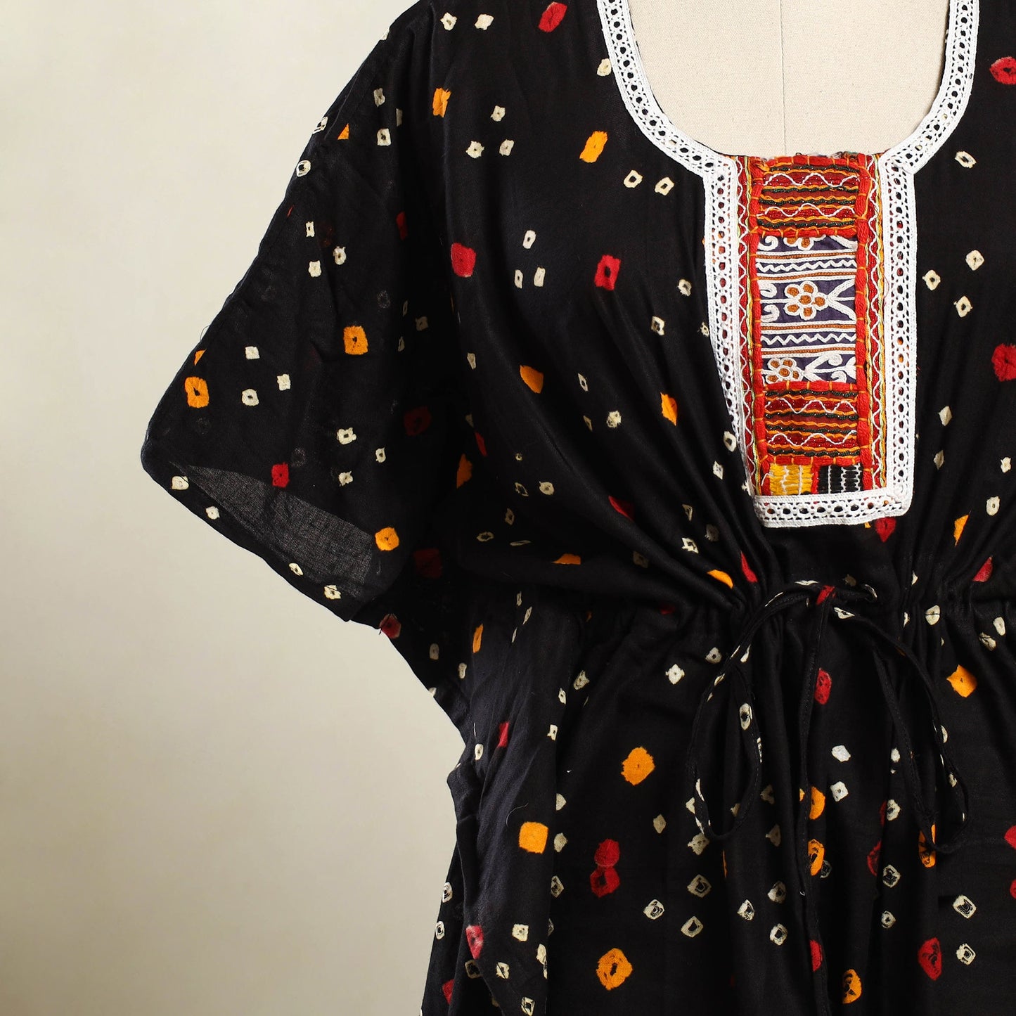 Black - bandhani cotton kaftan with desert embroidery