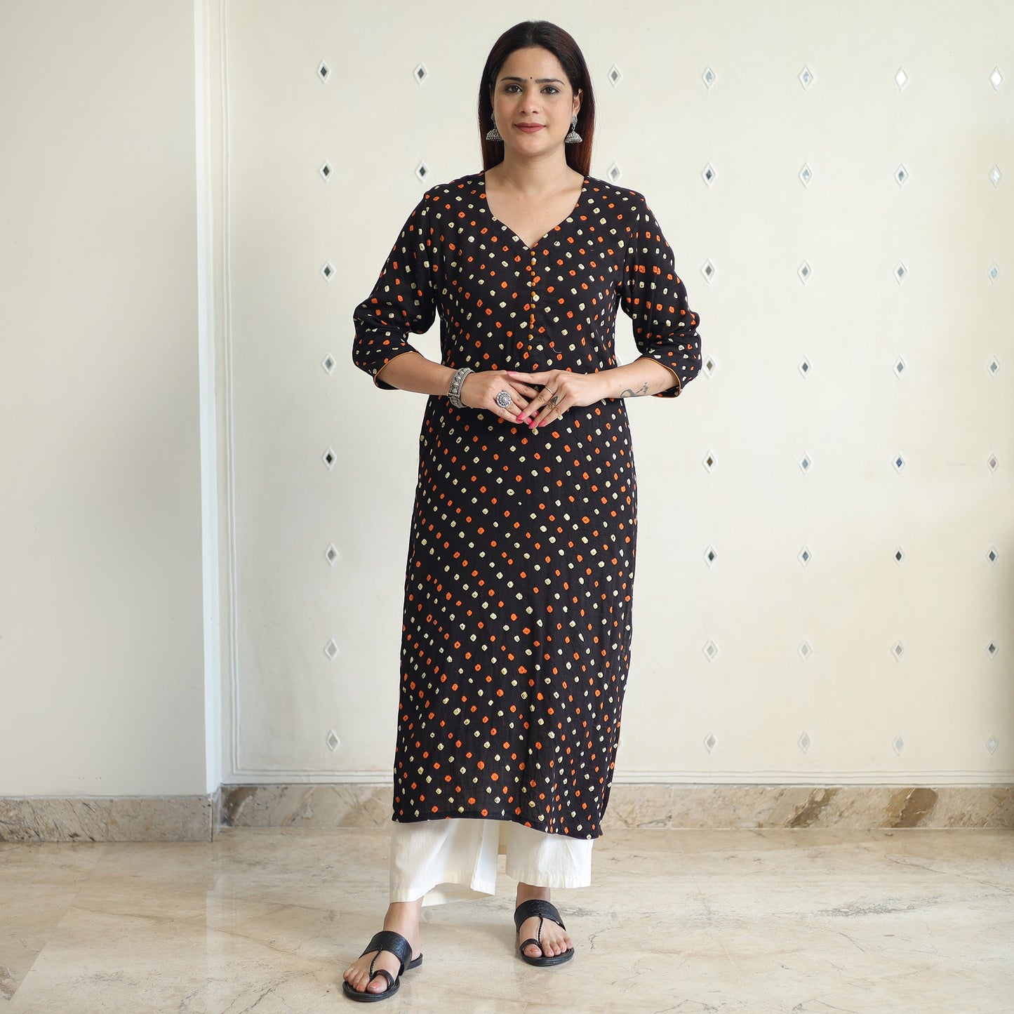 Bandhani Tie-dye Cotton Long Straight Kurta for Women