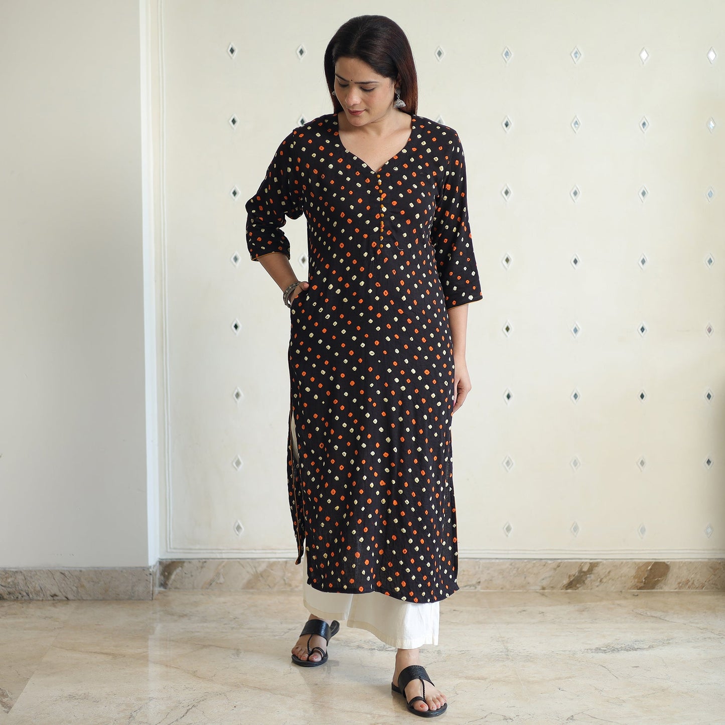 Bandhani Tie-dye Cotton Long Straight Kurta for Women