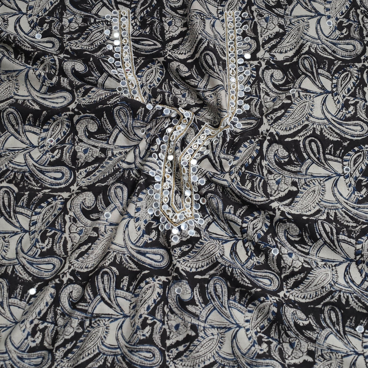Bead Work Embroidery Kalamkari Block Printed Cotton Kurta Material Online at iTokri.com