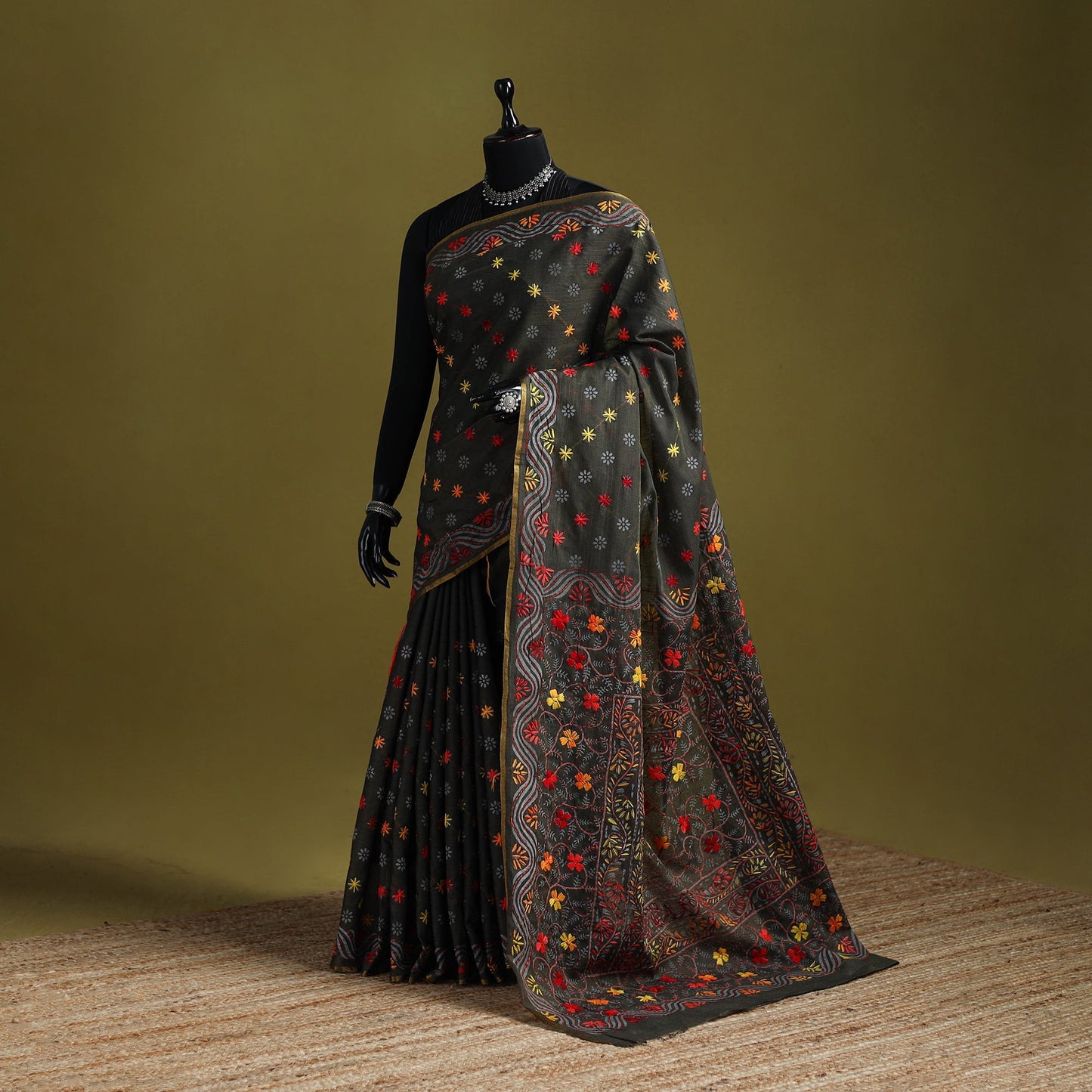 Bengal hand embroidery silk cotton chapa work kantha saree