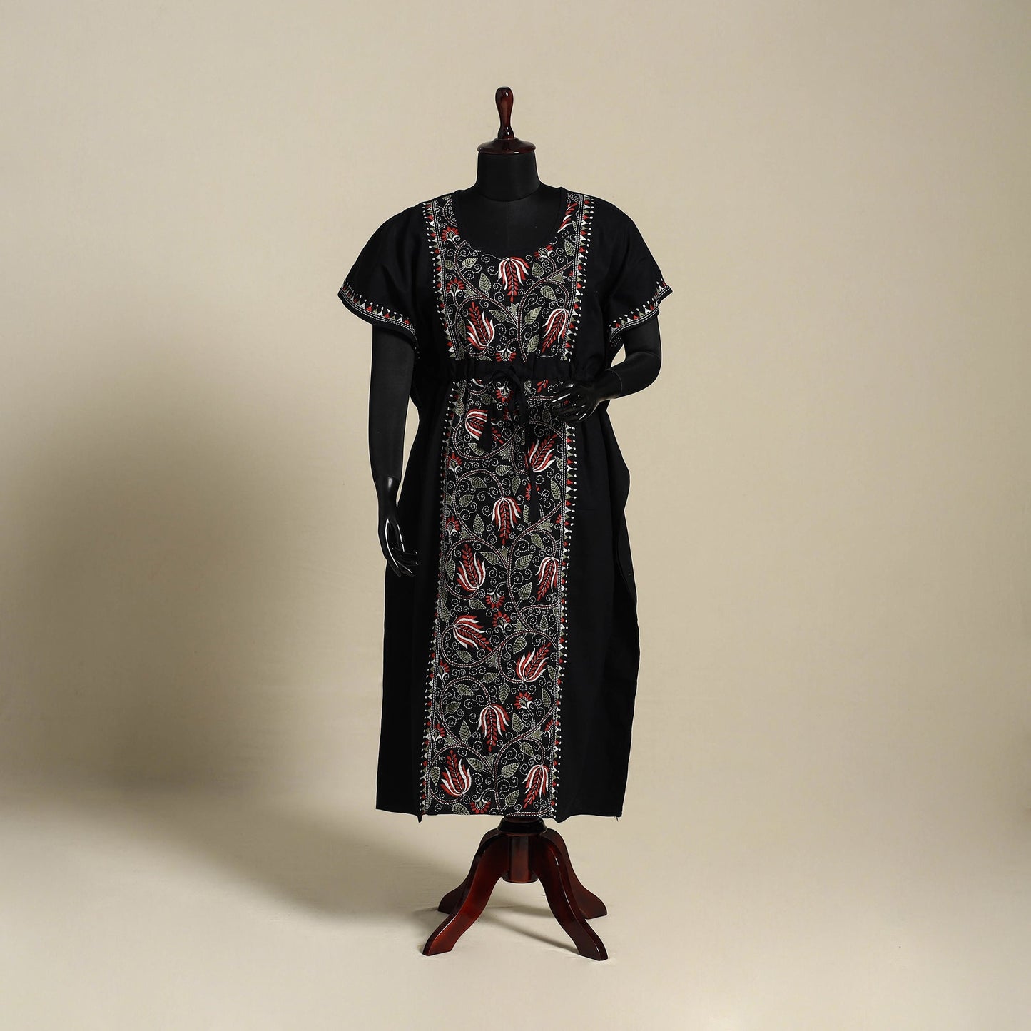 Black Bengal Kantha Hand Embroidery Cotton Kaftan (Long)