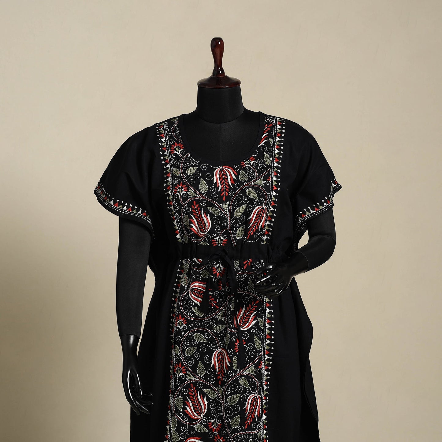 Black Bengal Kantha Hand Embroidery Cotton Kaftan (Long)