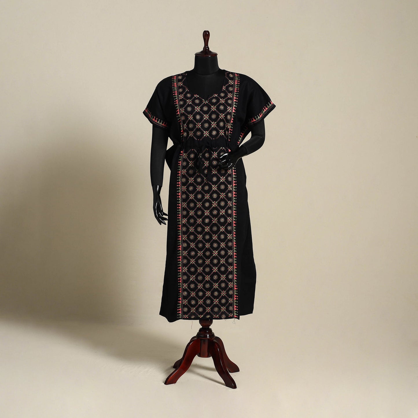 Black Bengal Kantha Hand Embroidery Cotton Kaftan (Long)