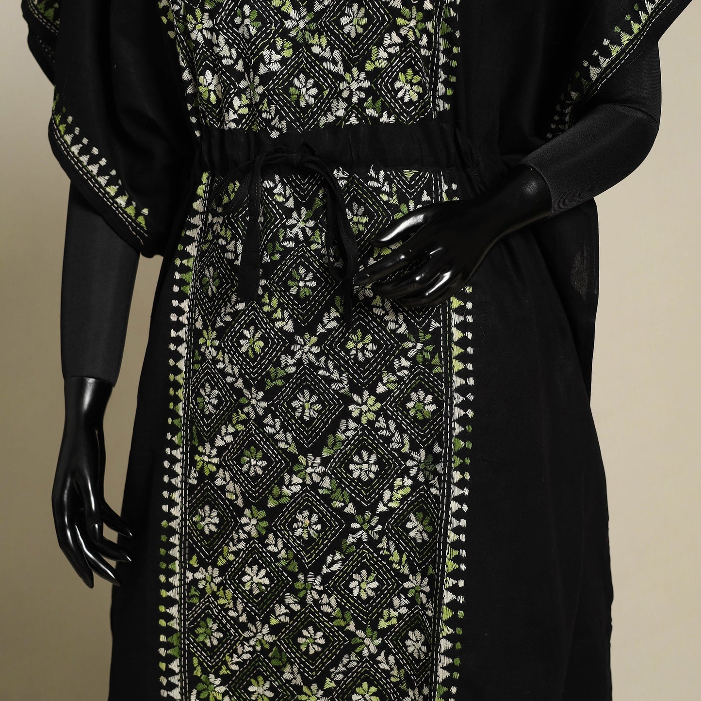 Black Bengal Kantha Hand Embroidery Cotton Kaftan (Long)