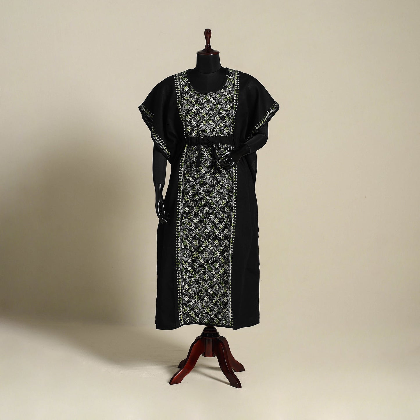 Black Bengal Kantha Hand Embroidery Cotton Kaftan (Long)