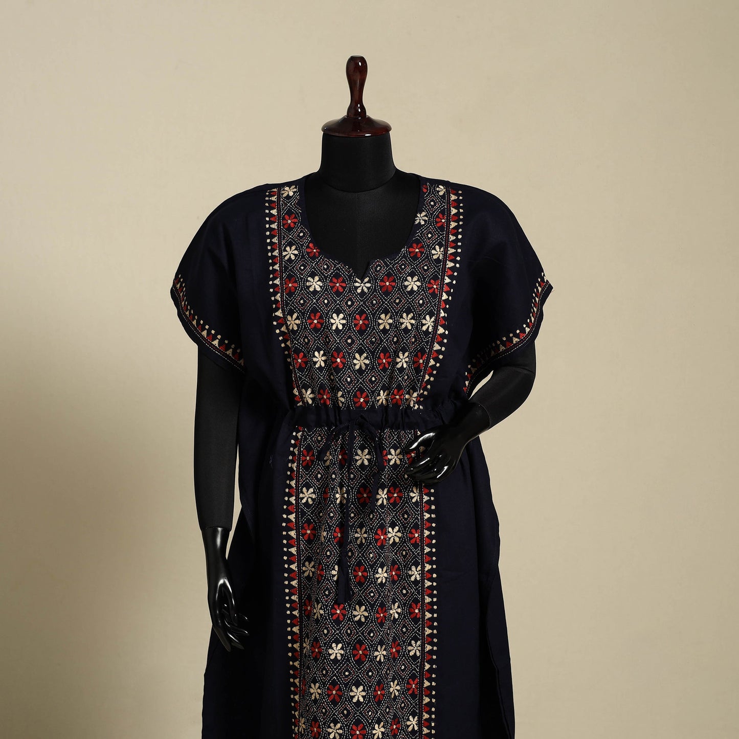 Black Bengal Kantha Hand Embroidery Cotton Kaftan (Long)