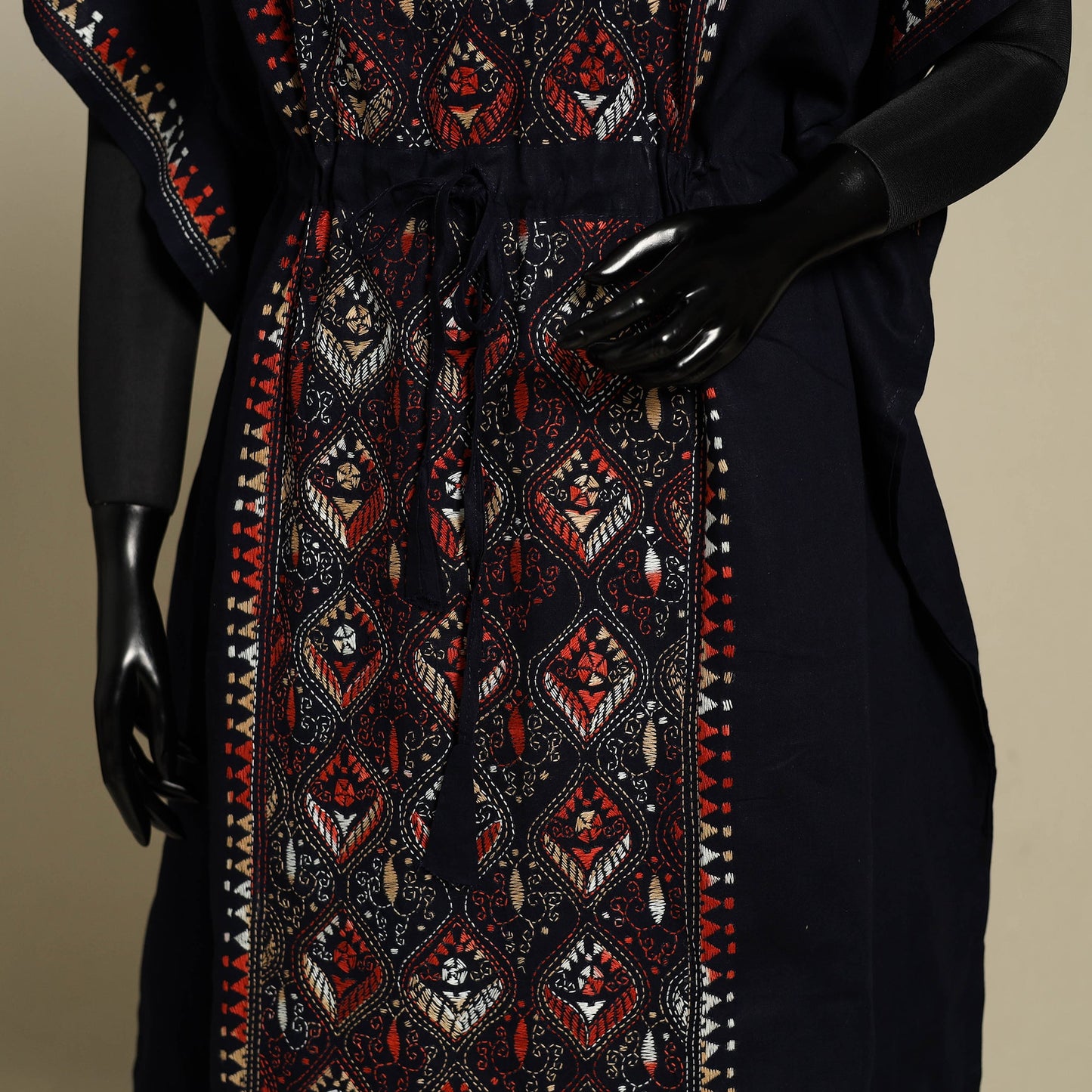 Black Bengal Kantha Hand Embroidery Cotton Kaftan (Long)