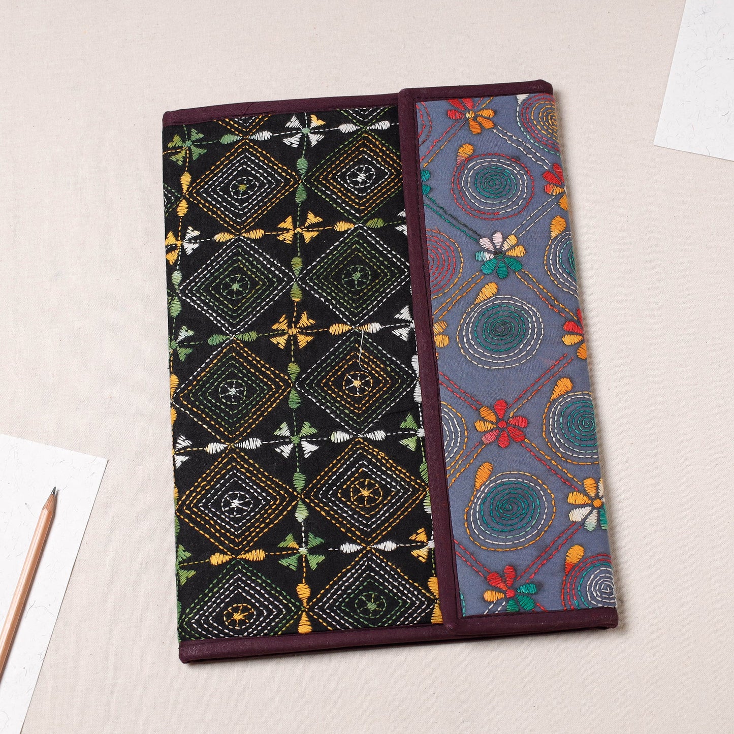 Black Bengal Kantha Work Handcrafted File Folder
