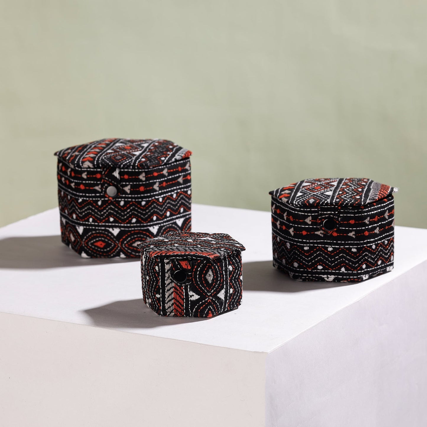 Bengal Kantha Work Handcrafted Hexagon Jewelry Box (Set of 3)