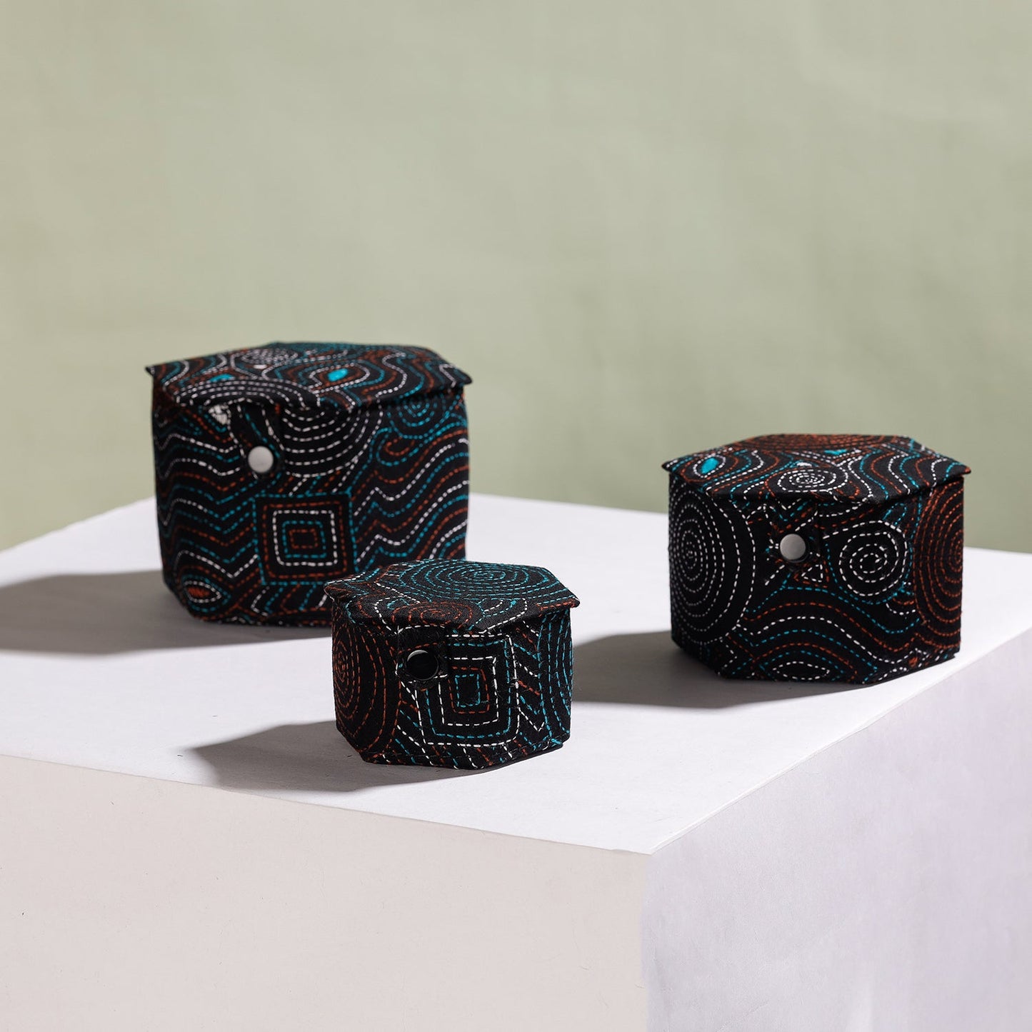 Bengal Kantha Work Handcrafted Hexagon Jewelry Box (Set of 3)