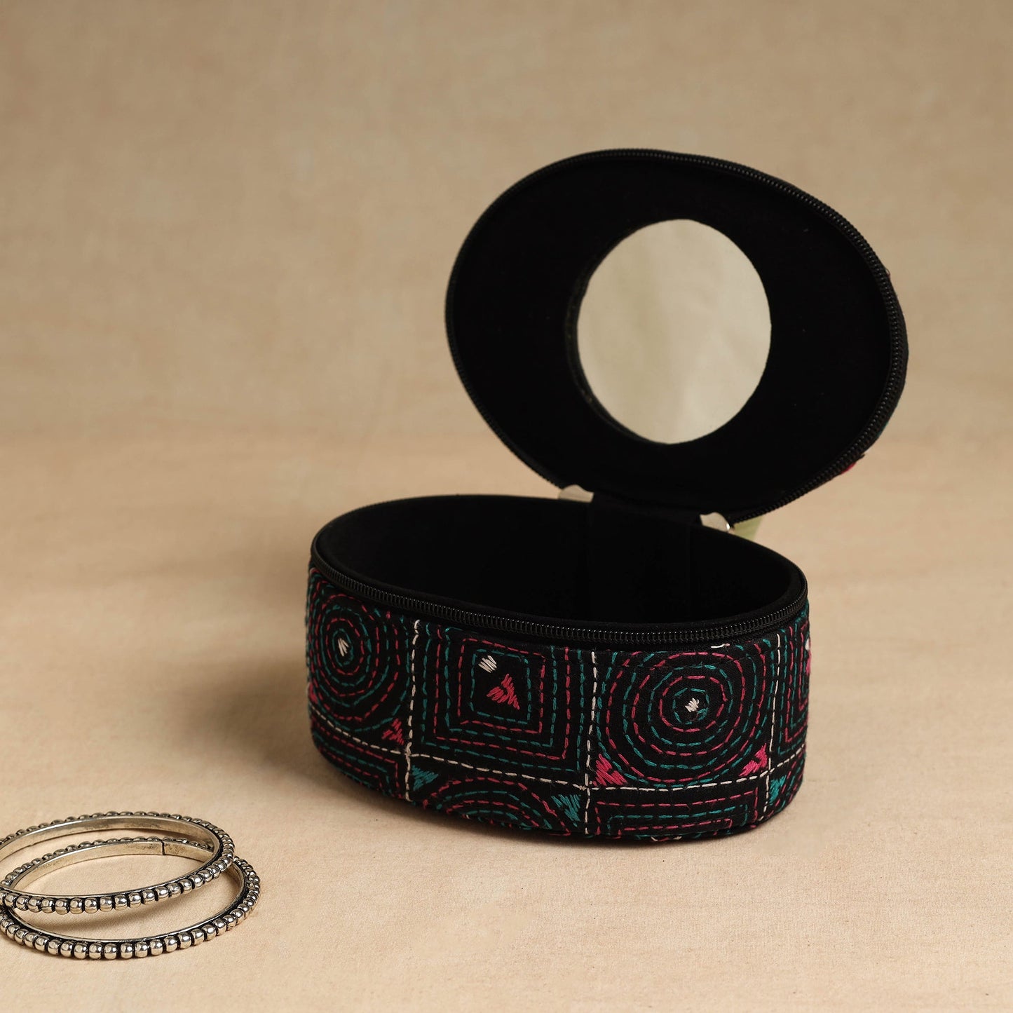 Bengal Kantha Work Handcrafted Oval Jewelry Box with Mirror 12