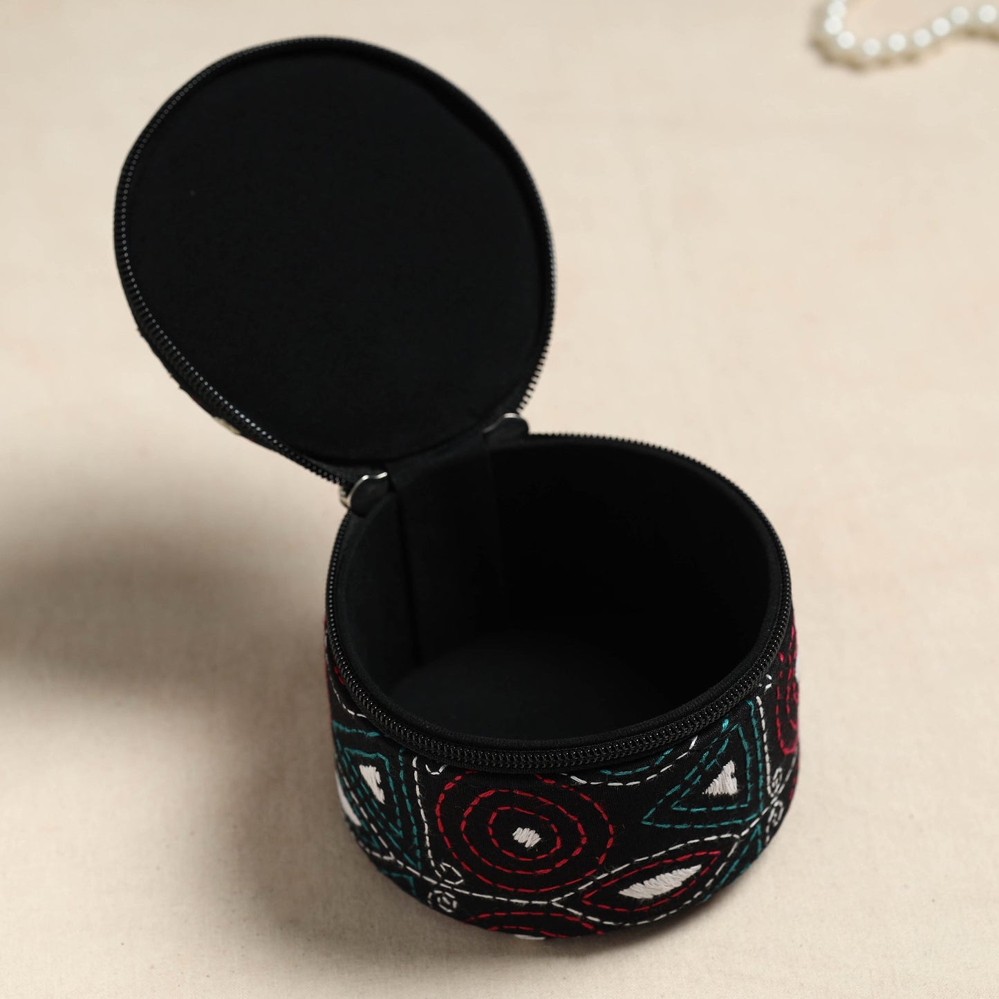 Bengal Kantha Work Handcrafted Round Black Utility Box