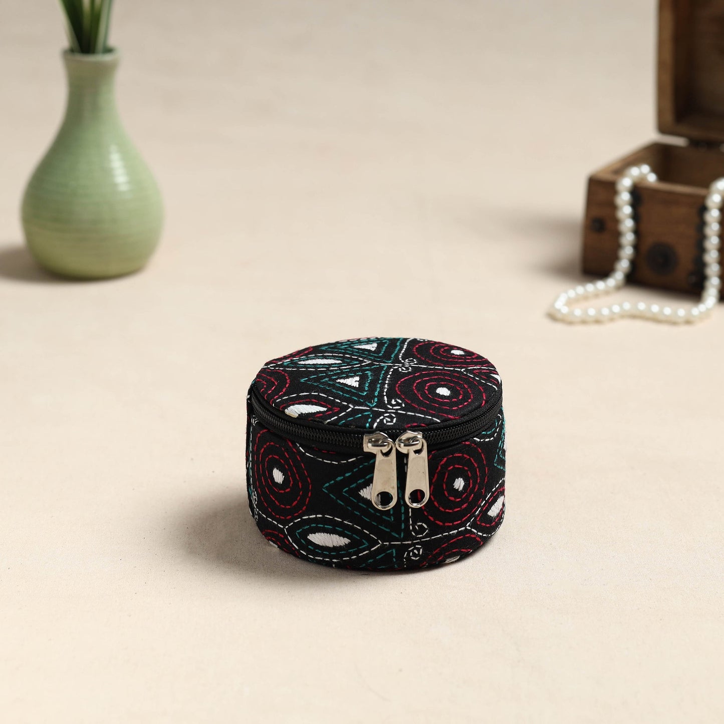 Bengal Kantha Work Handcrafted Round Black Utility Box