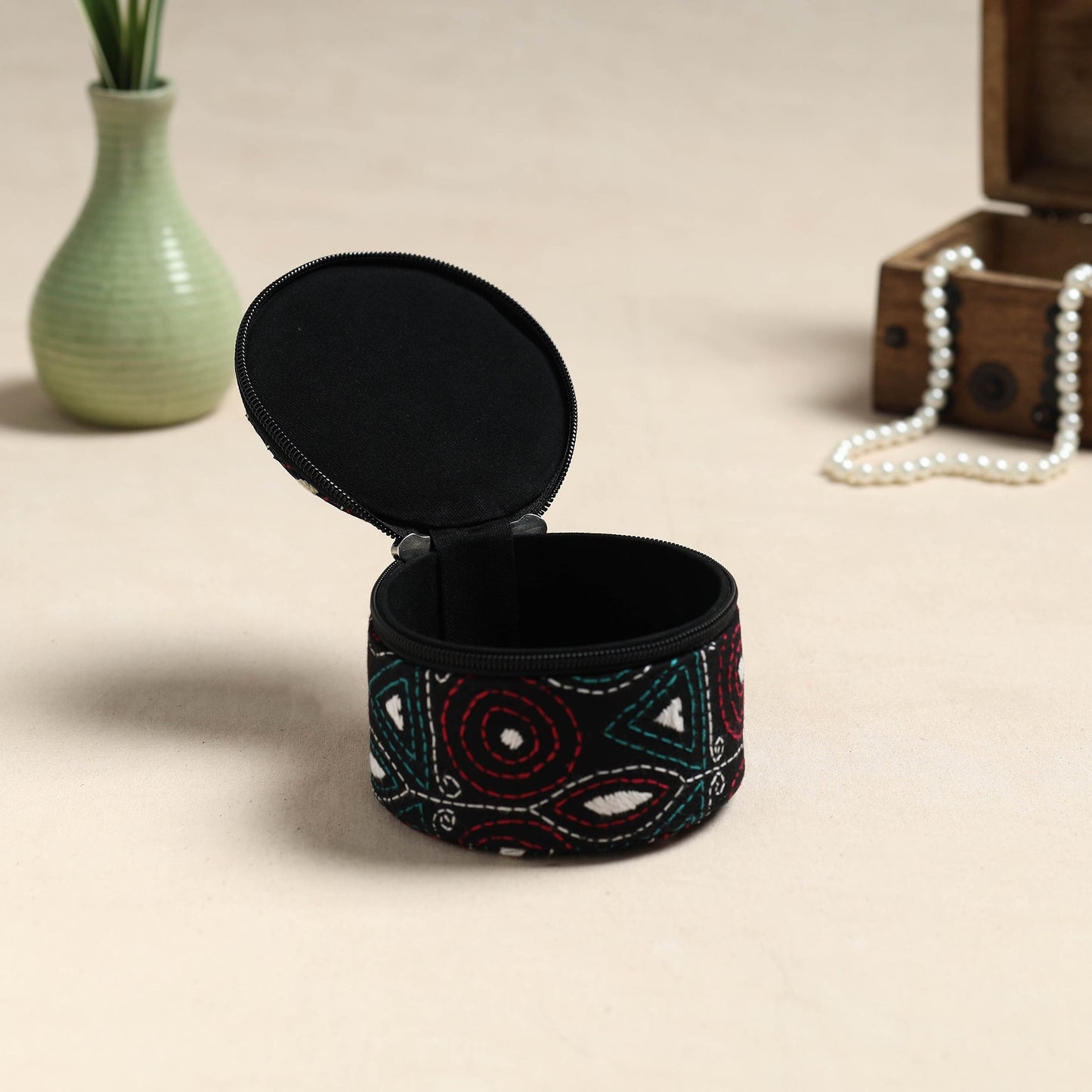 Bengal Kantha Work Handcrafted Round Black Utility Box