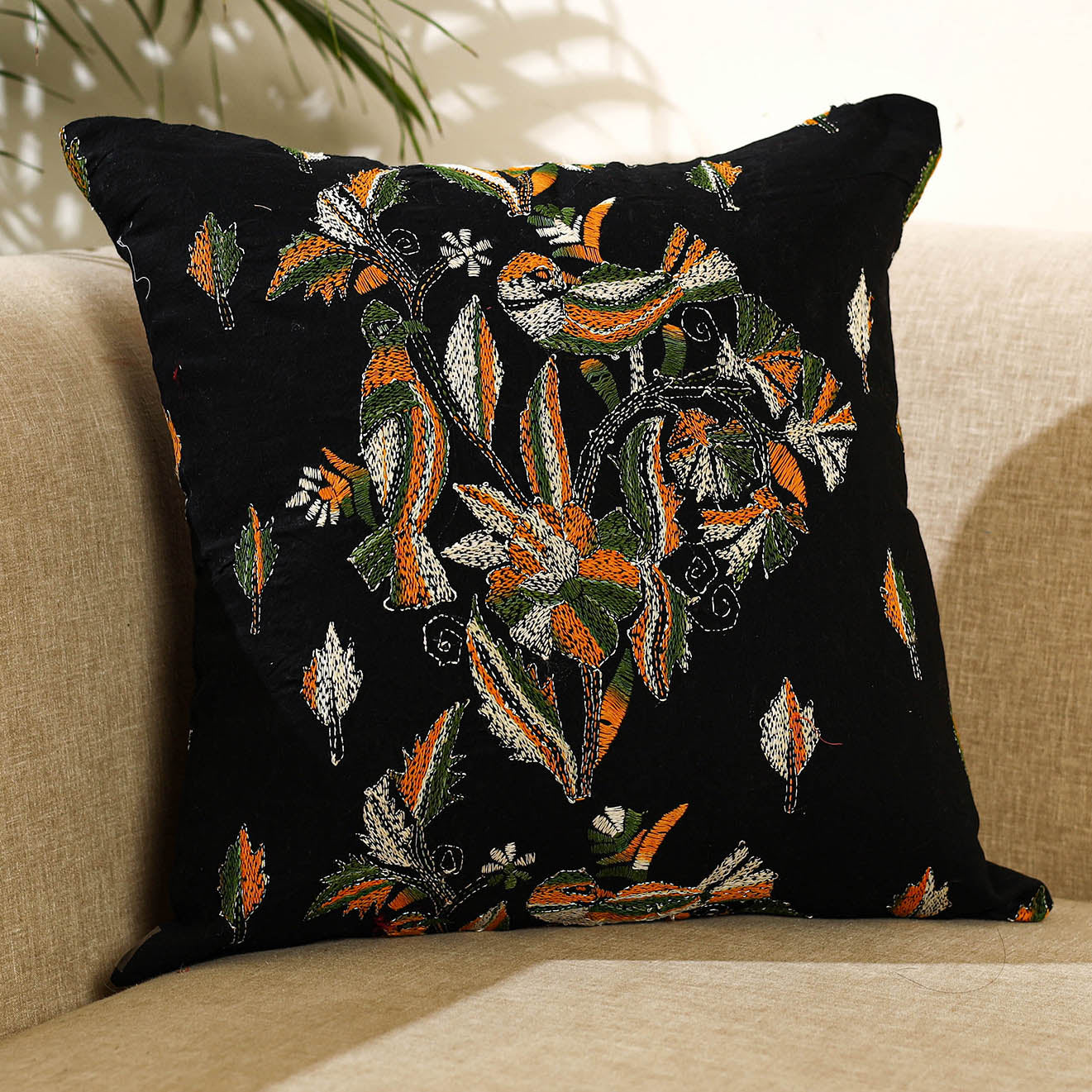 Buy Black Bengal Kantha Work Reversible Silk Cushion Cover