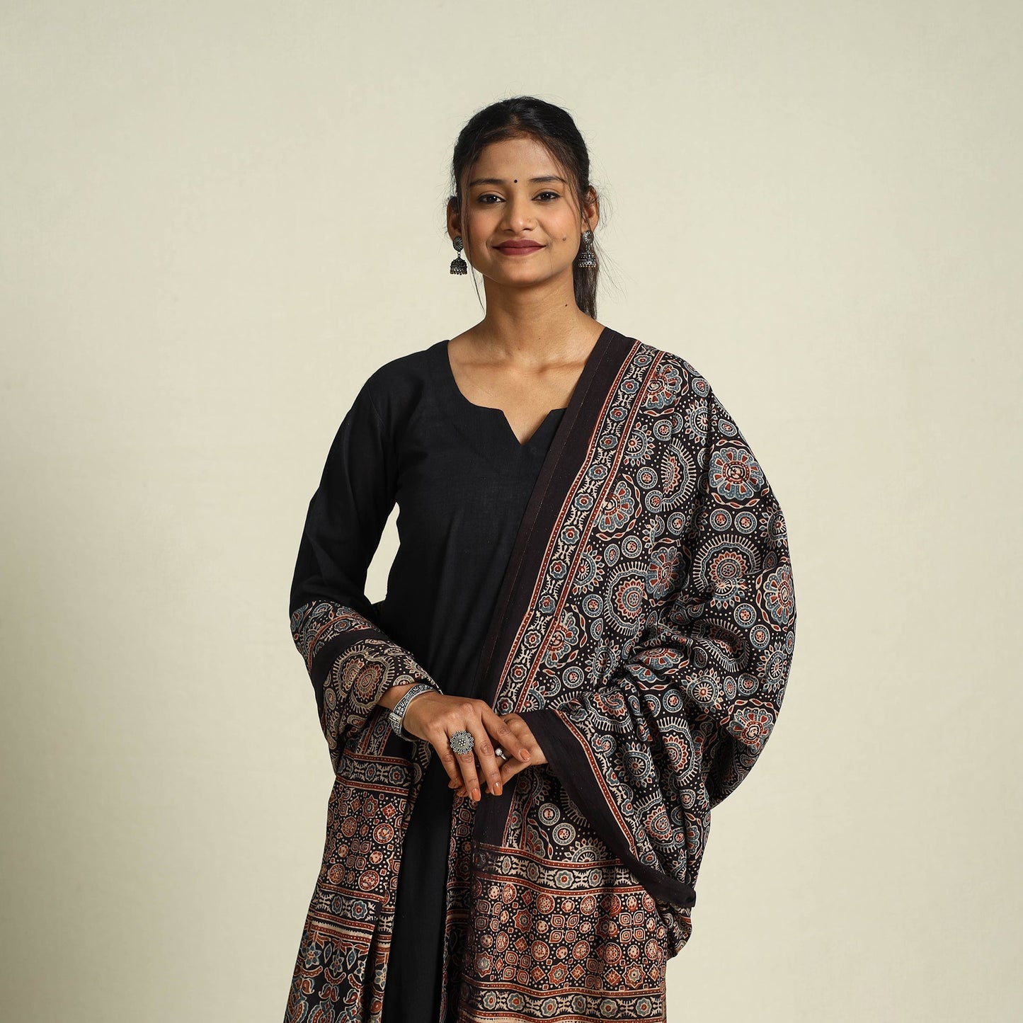 Buy Black Block Print Cotton Ajrakh Dupatta With Tassels