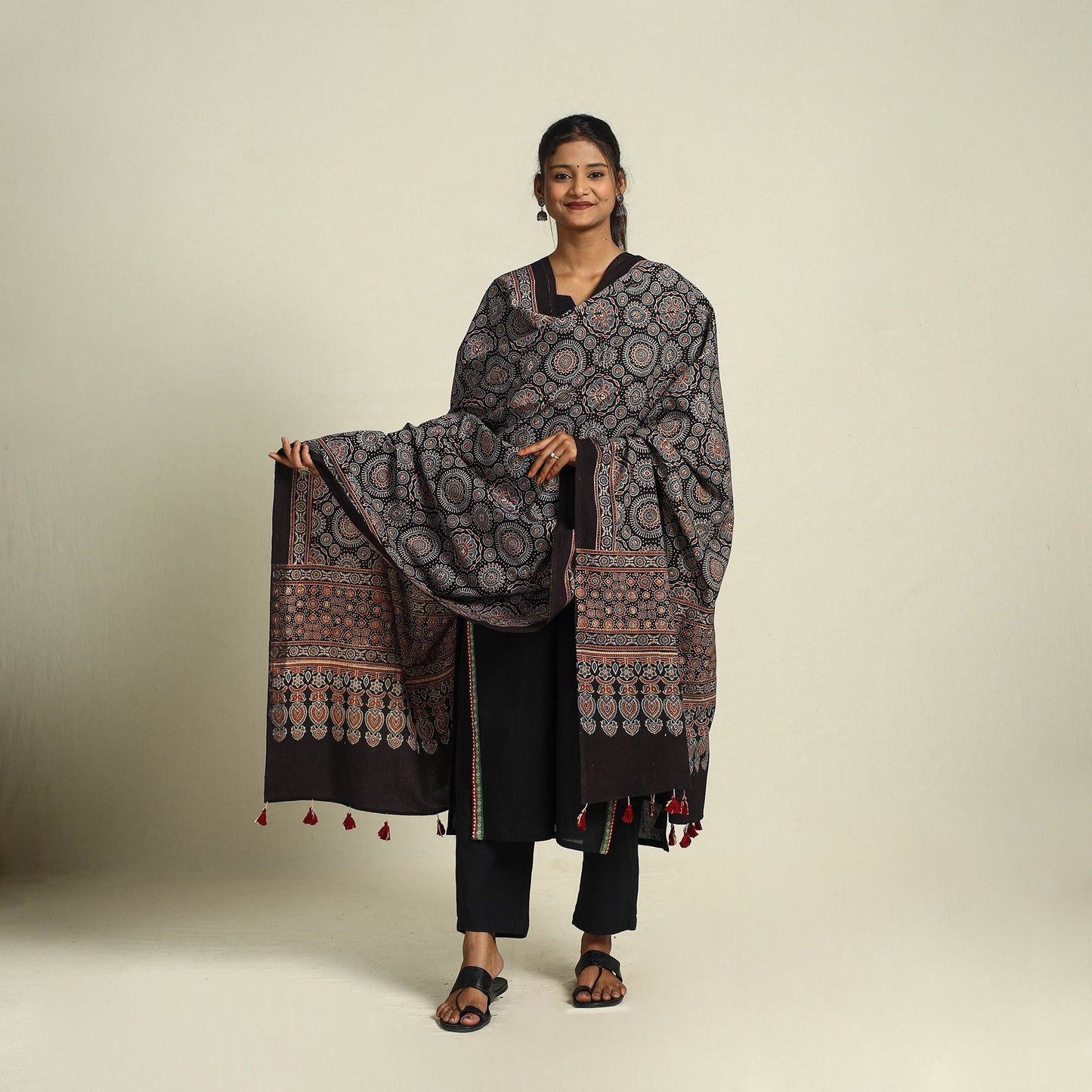 Buy Black Block Print Cotton Ajrakh Dupatta With Tassels