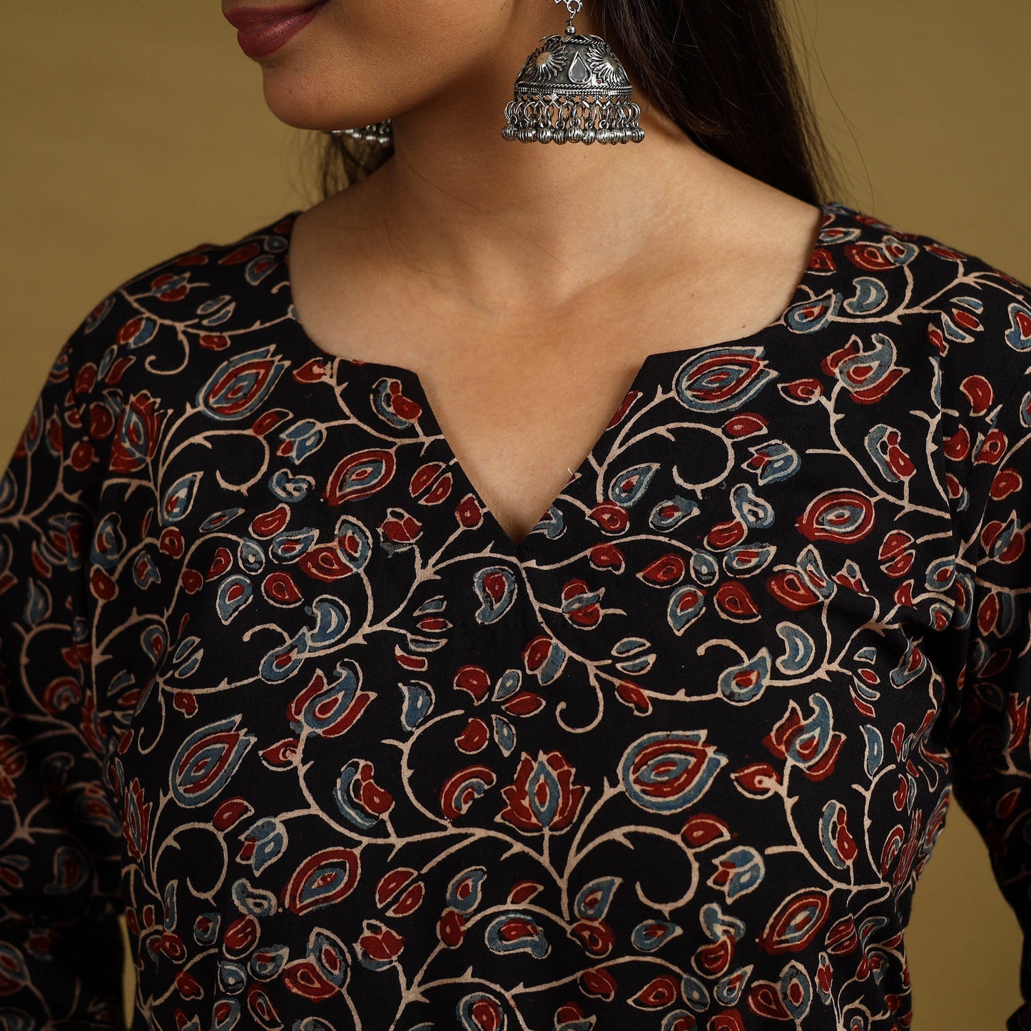 Black Block Print Cotton Ajrakh Kurta Set with Dupatta