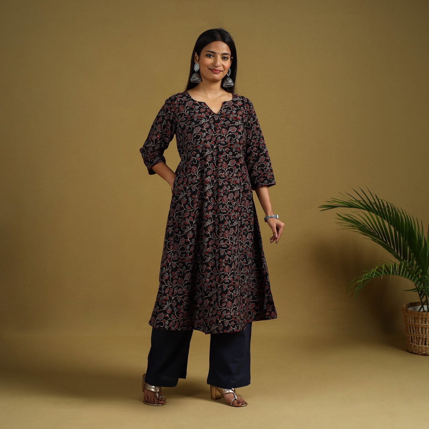 Black Block Print Cotton Ajrakh Kurta Set with Dupatta