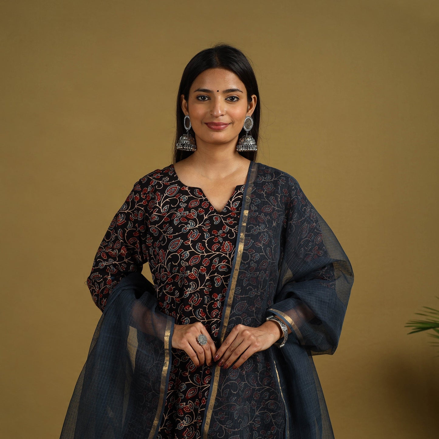 Black Block Print Cotton Ajrakh Kurta Set with Dupatta