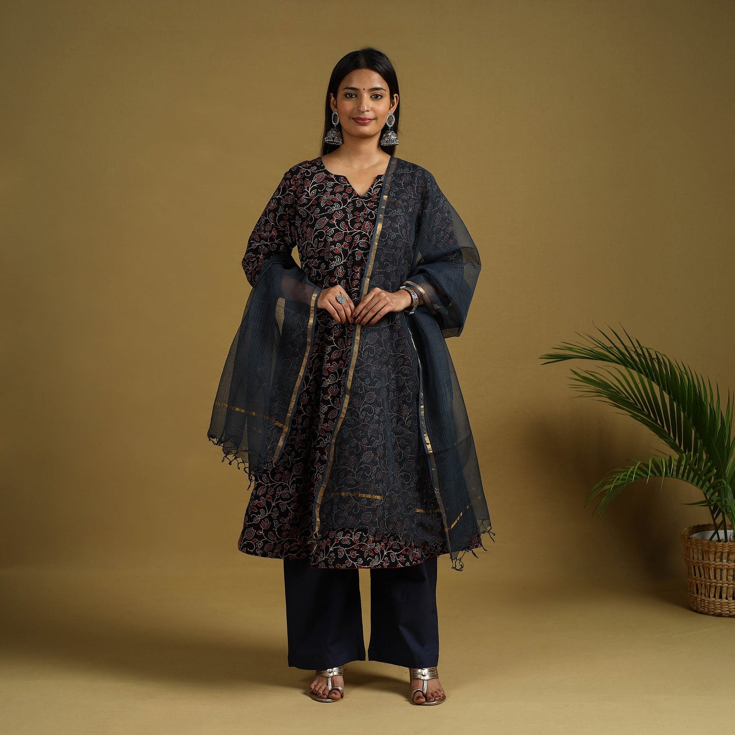 Black Block Print Cotton Ajrakh Kurta Set with Dupatta