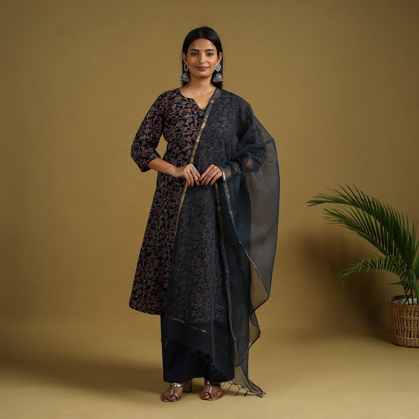 Black Block Print Cotton Ajrakh Kurta Set with Dupatta