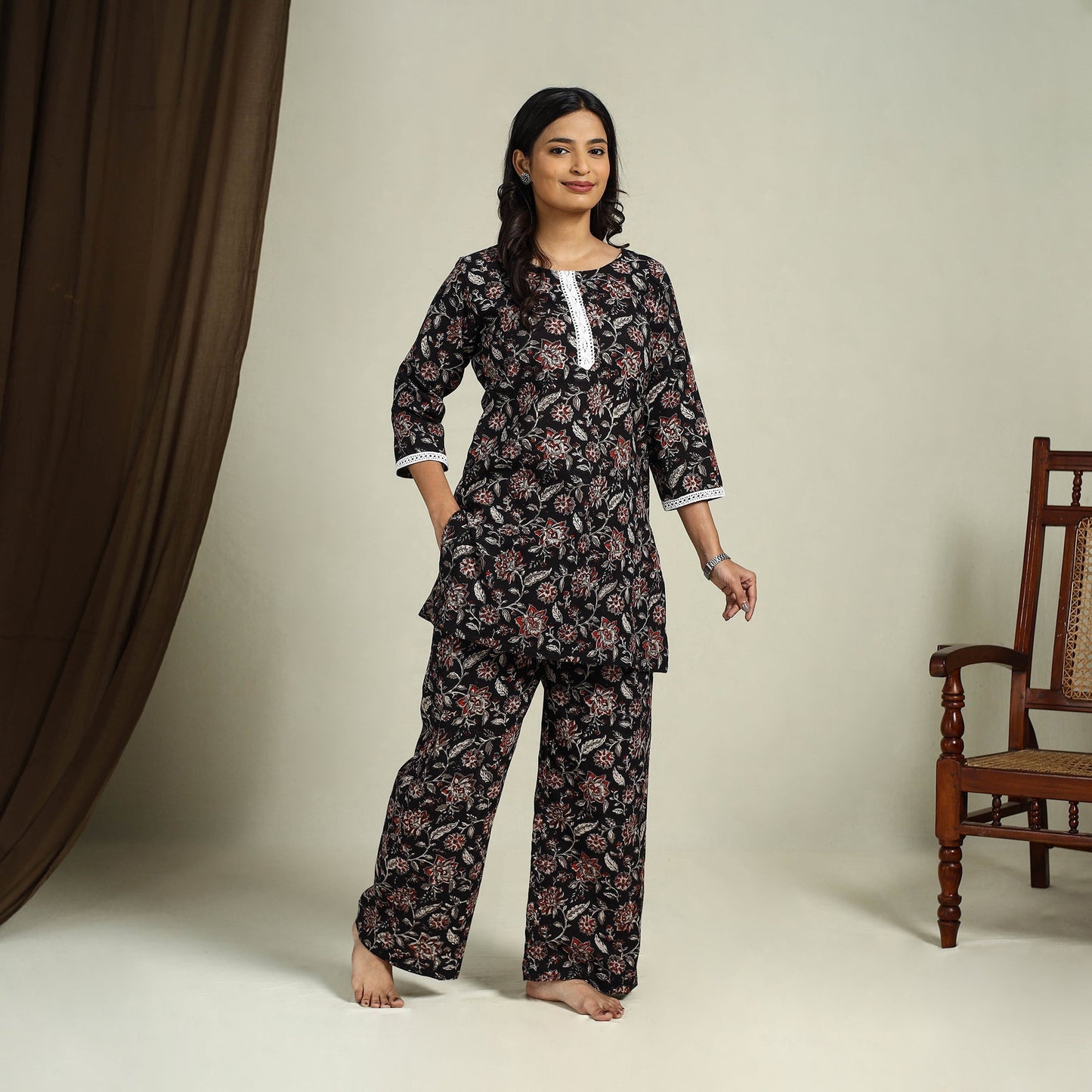 Black Block Print Cotton Bagru Night Suit Set