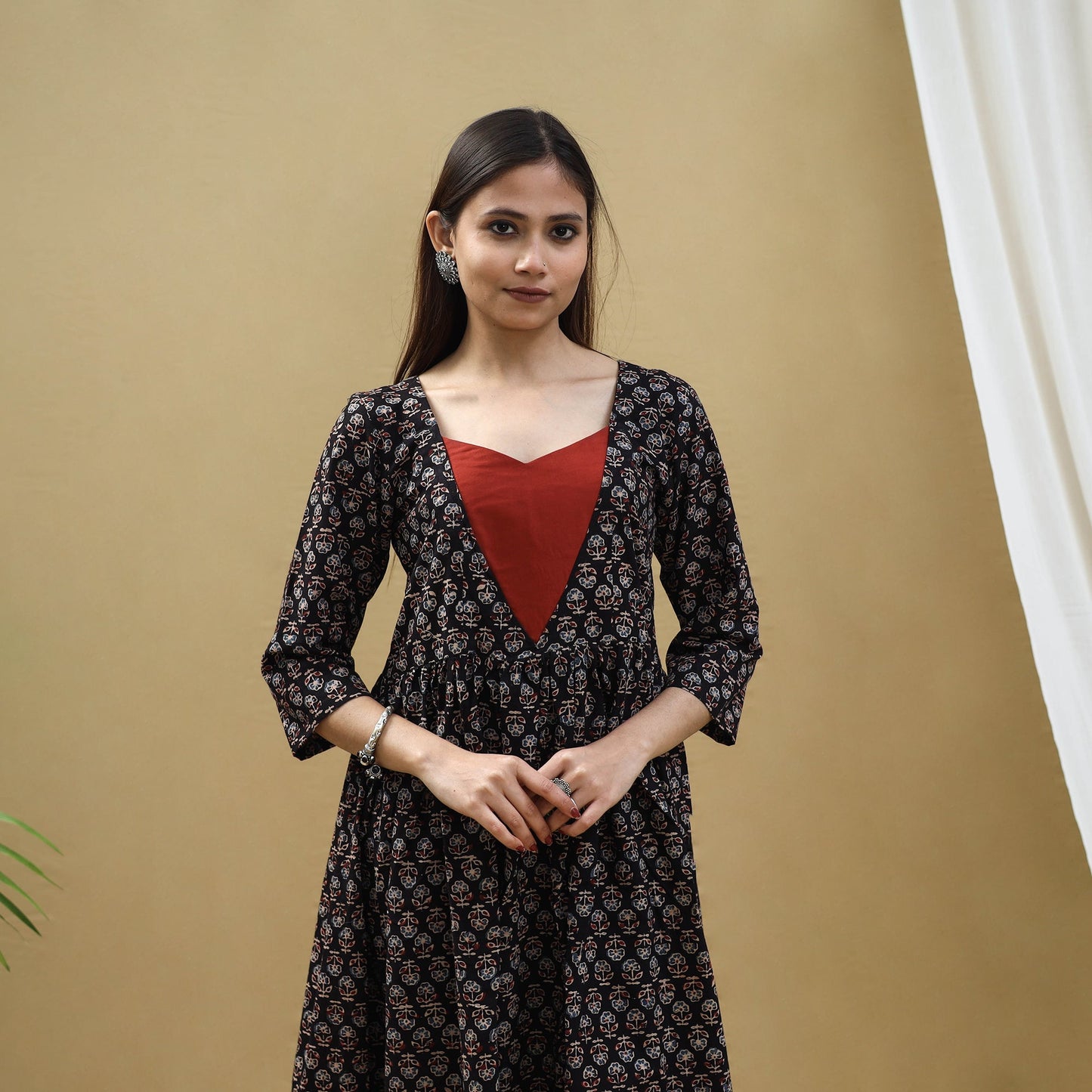 Buy Block Print Cotton Black Flared Ajrakh Dress