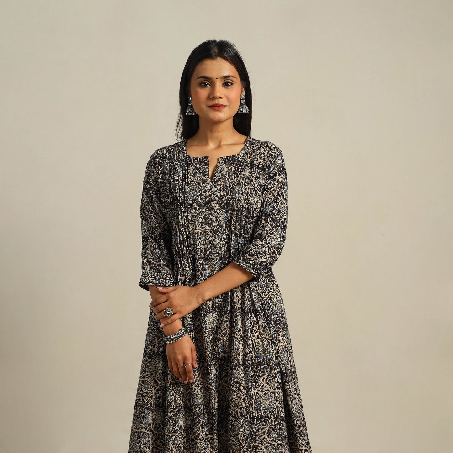 Black Block Print Cotton A-Line Kalamkari Kurta For Women