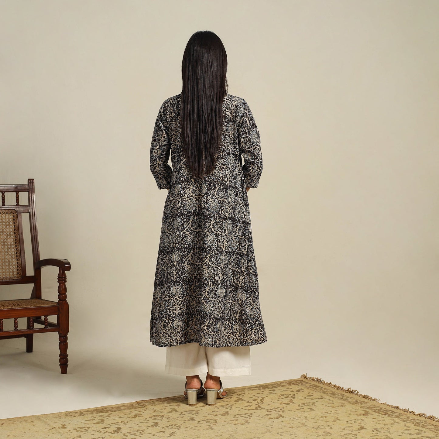 Black Block Print Cotton A-Line Kalamkari Kurta For Women