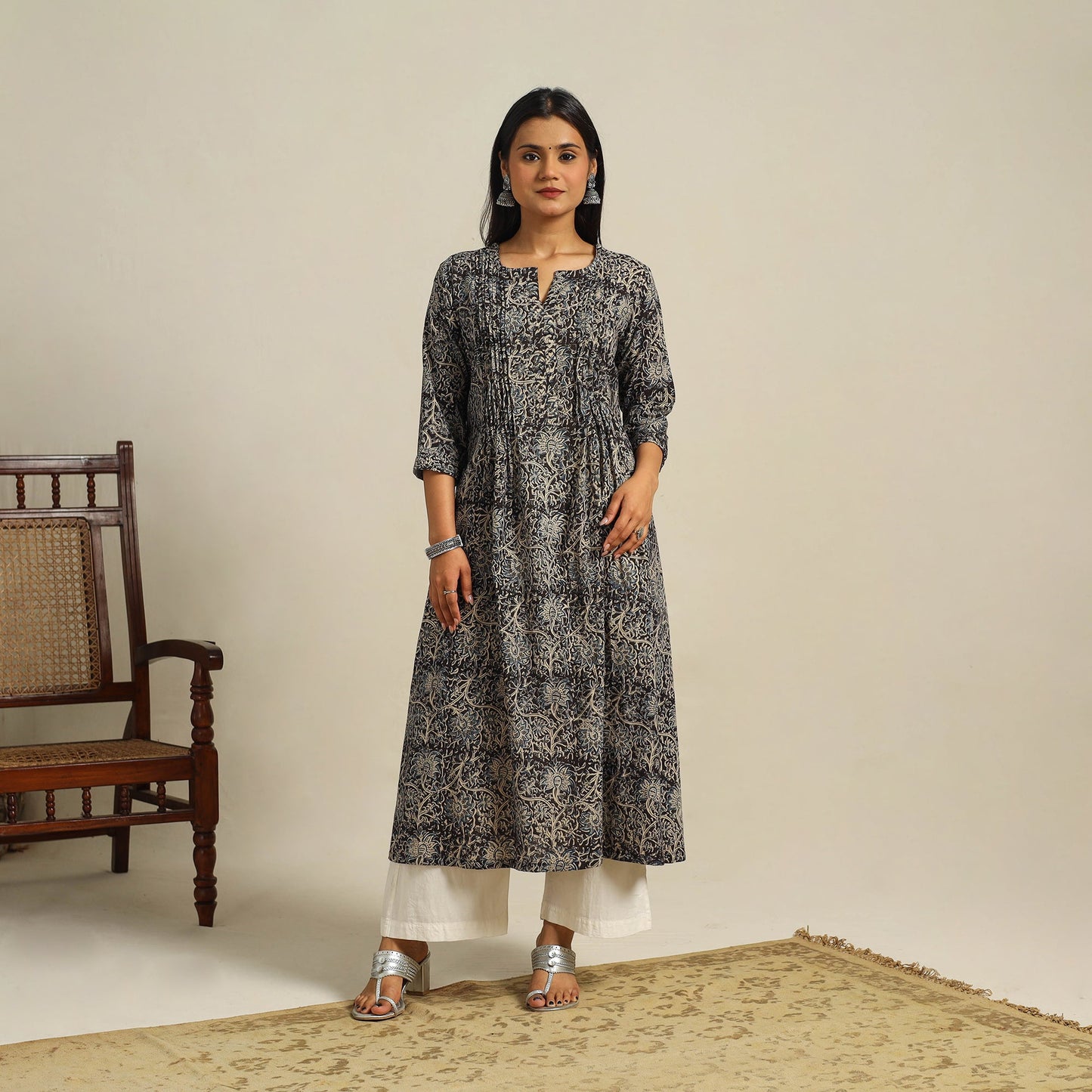 Black Block Print Cotton A-Line Kalamkari Kurta For Women