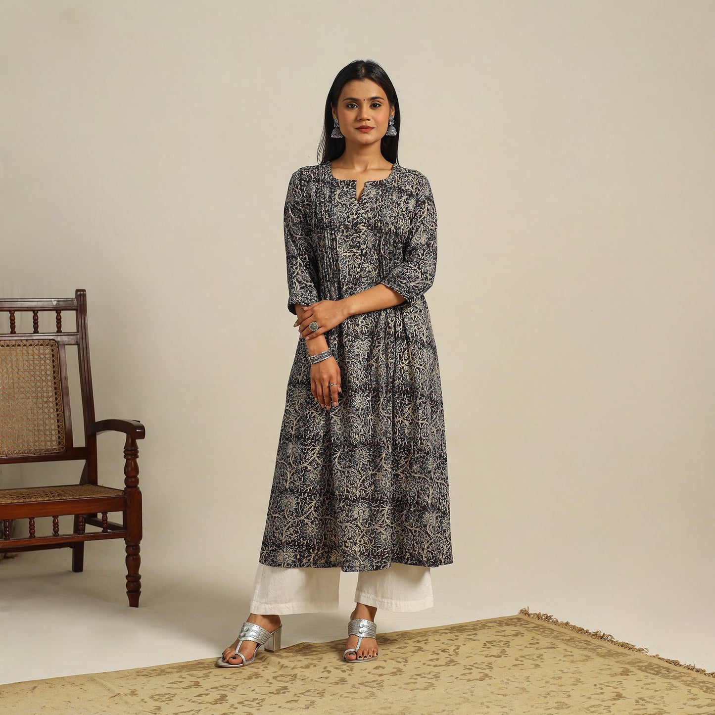 Black Block Print Cotton A-Line Kalamkari Kurta For Women