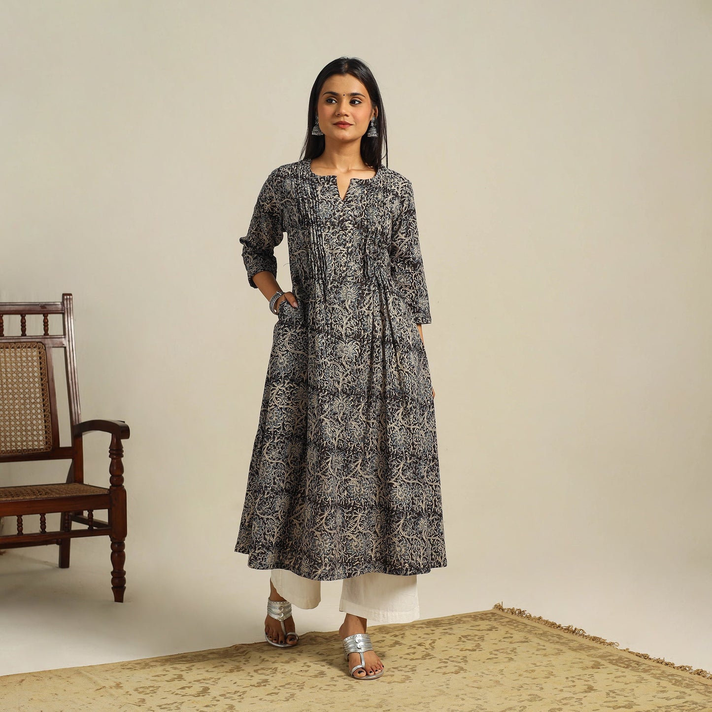 Black Block Print Cotton A-Line Kalamkari Kurta For Women