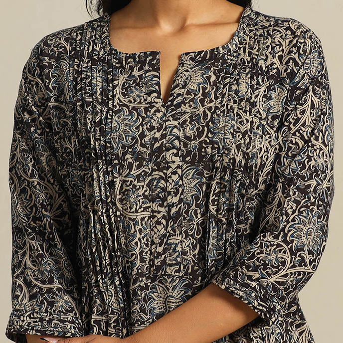 Black Block Print Cotton A-Line Kalamkari Kurta For Women