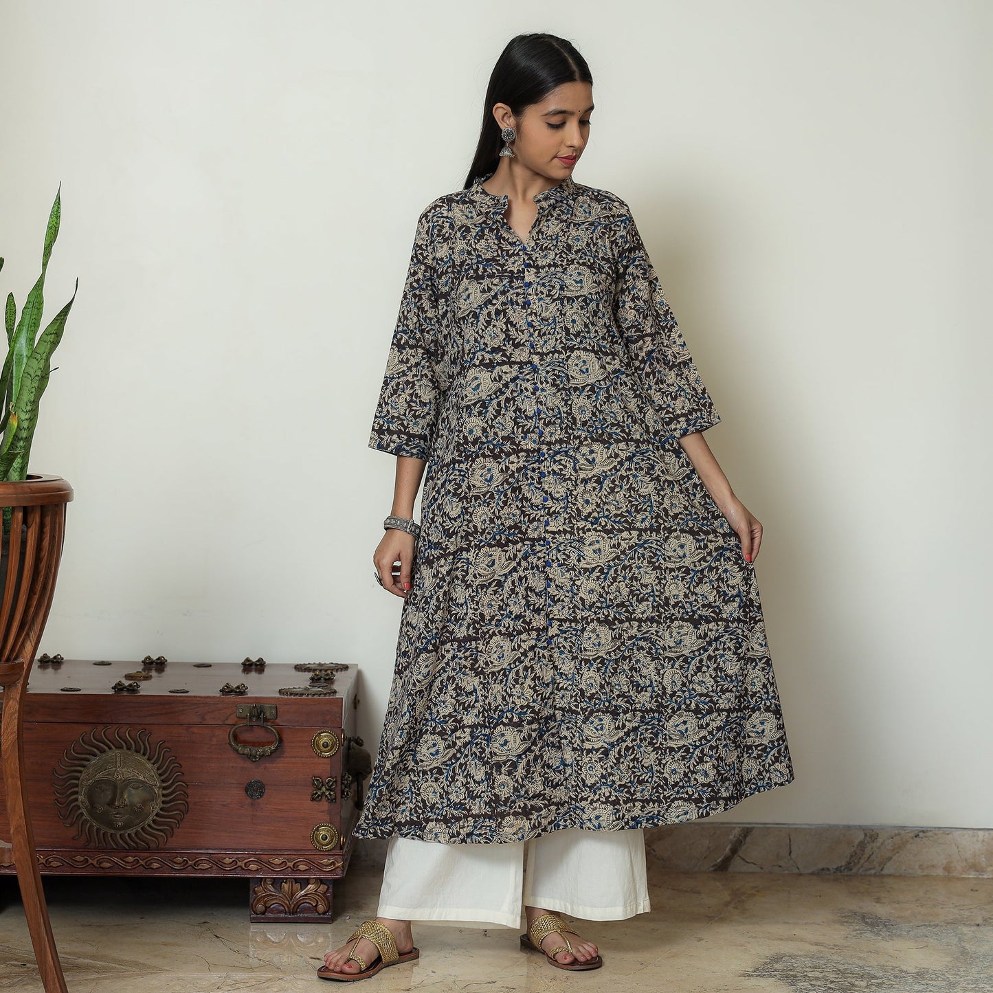 Black Block Print Cotton A-Line Kalamkari Kurta for Women