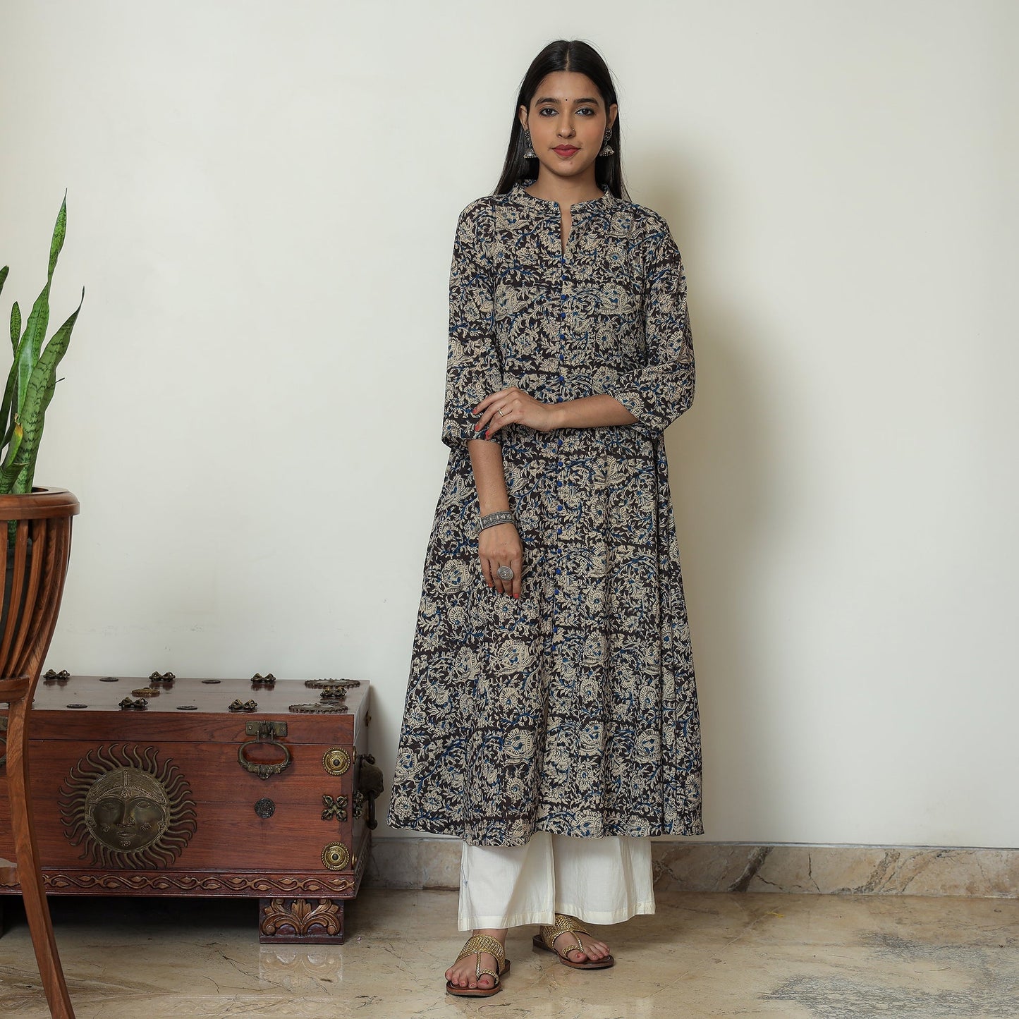 Black Block Print Cotton A-Line Kalamkari Kurta for Women
