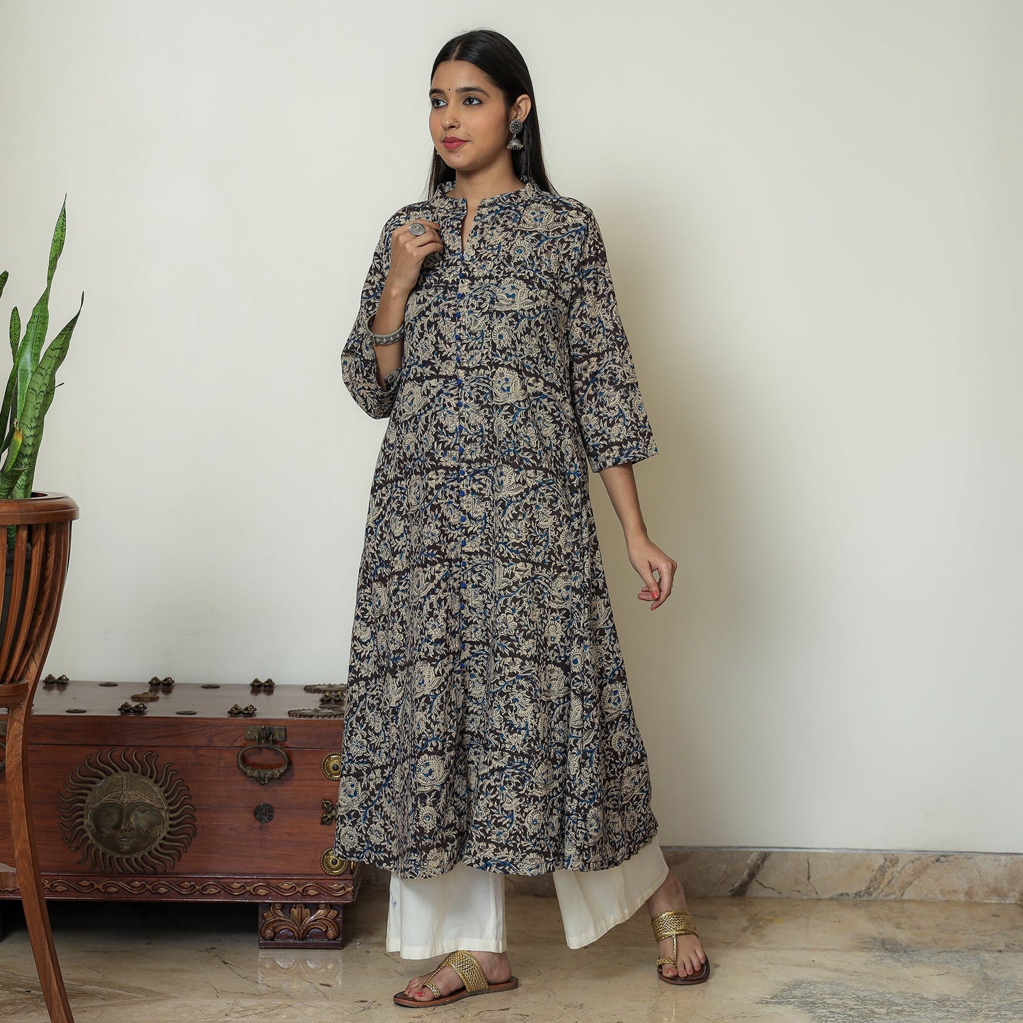 Black Block Print Cotton A-Line Kalamkari Kurta for Women