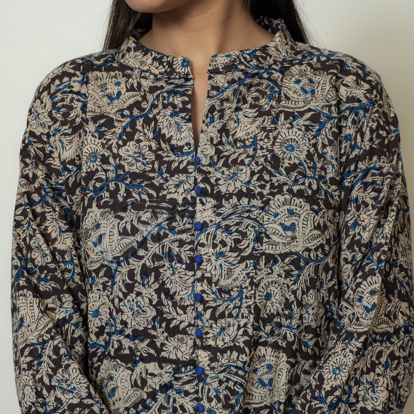 Black Block Print Cotton A-Line Kalamkari Kurta for Women
