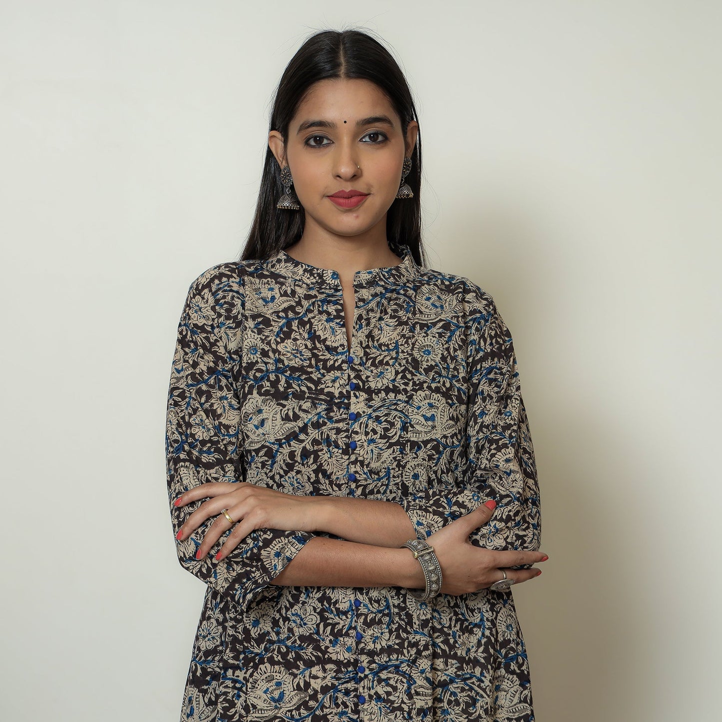 Black Block Print Cotton A-Line Kalamkari Kurta for Women