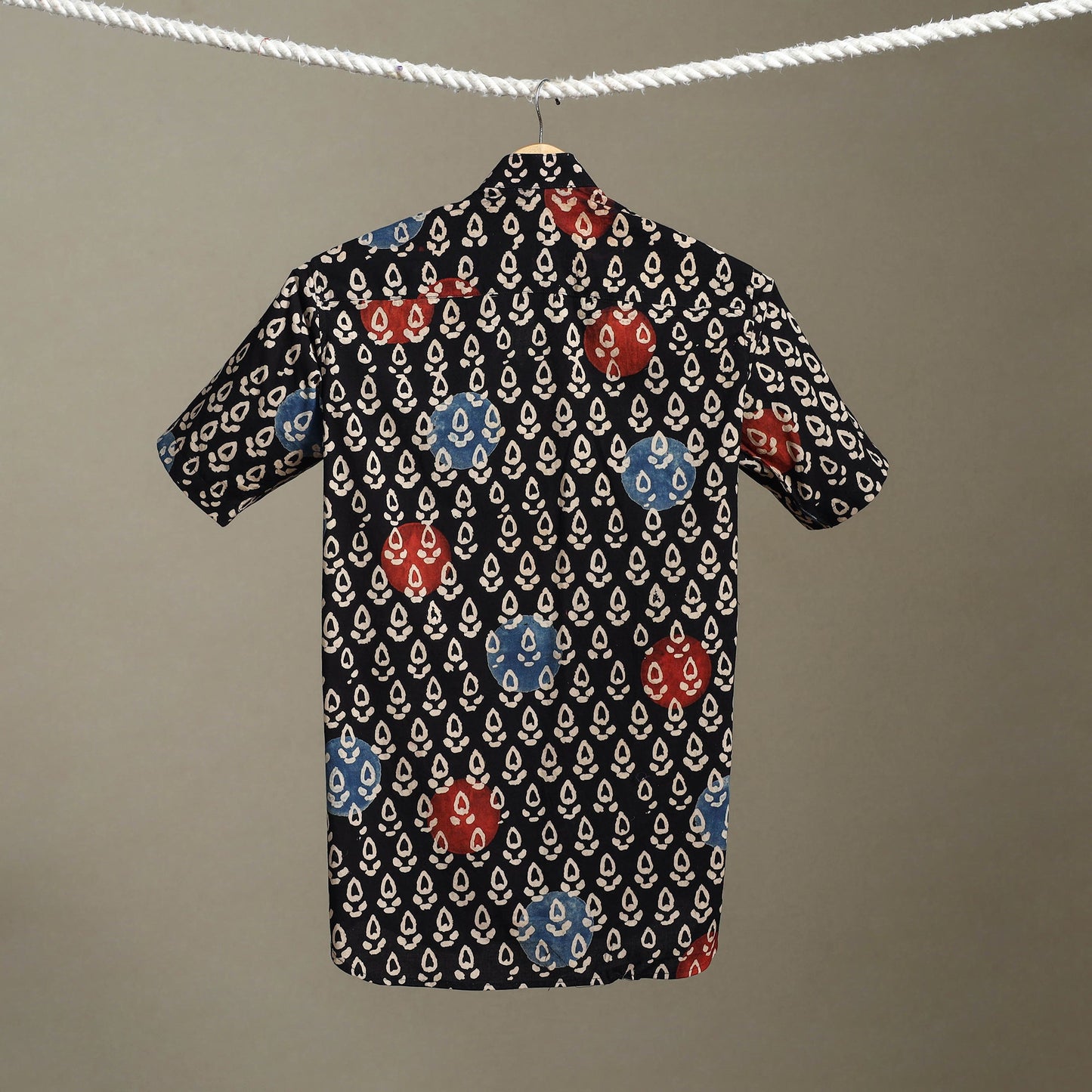 Black Block Print Cotton Men Half Sleeve Ajrakh Shirt