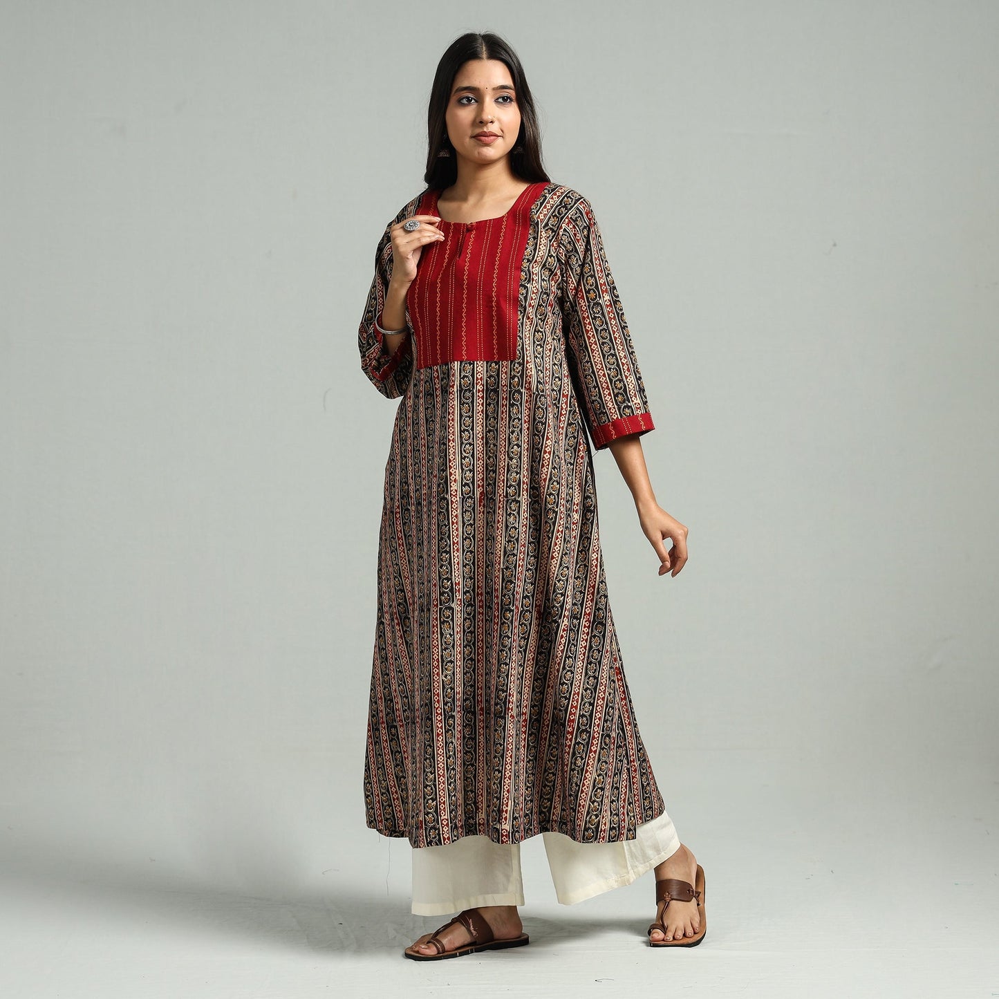 Black Block Print Cotton Patchwork A-Line Kalamkari Kurta