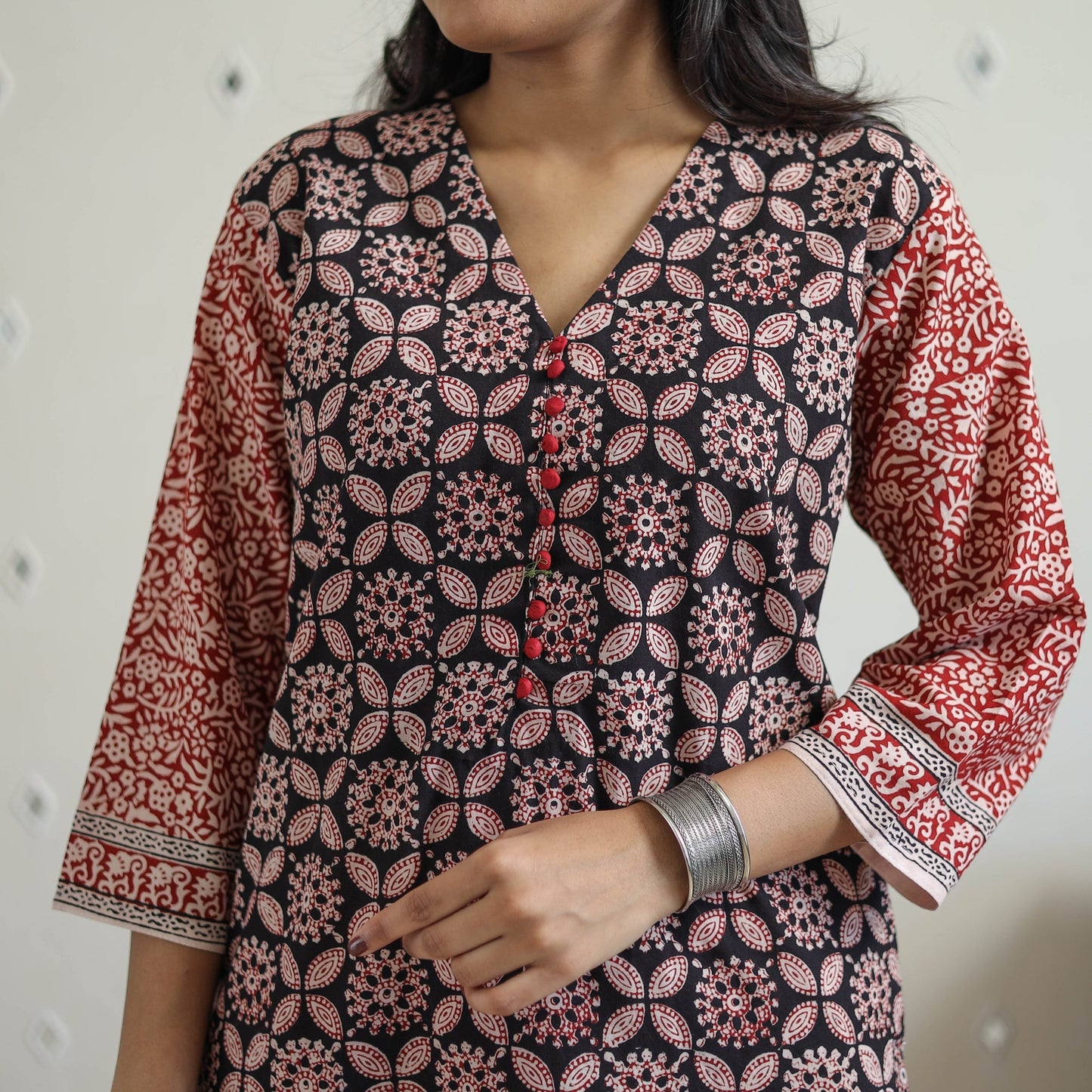Black - Block Print Cotton Straight Bagh Kurta for Women