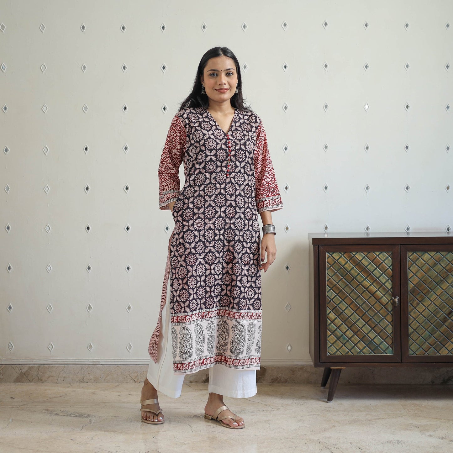 Black - Block Print Cotton Straight Bagh Kurta for Women