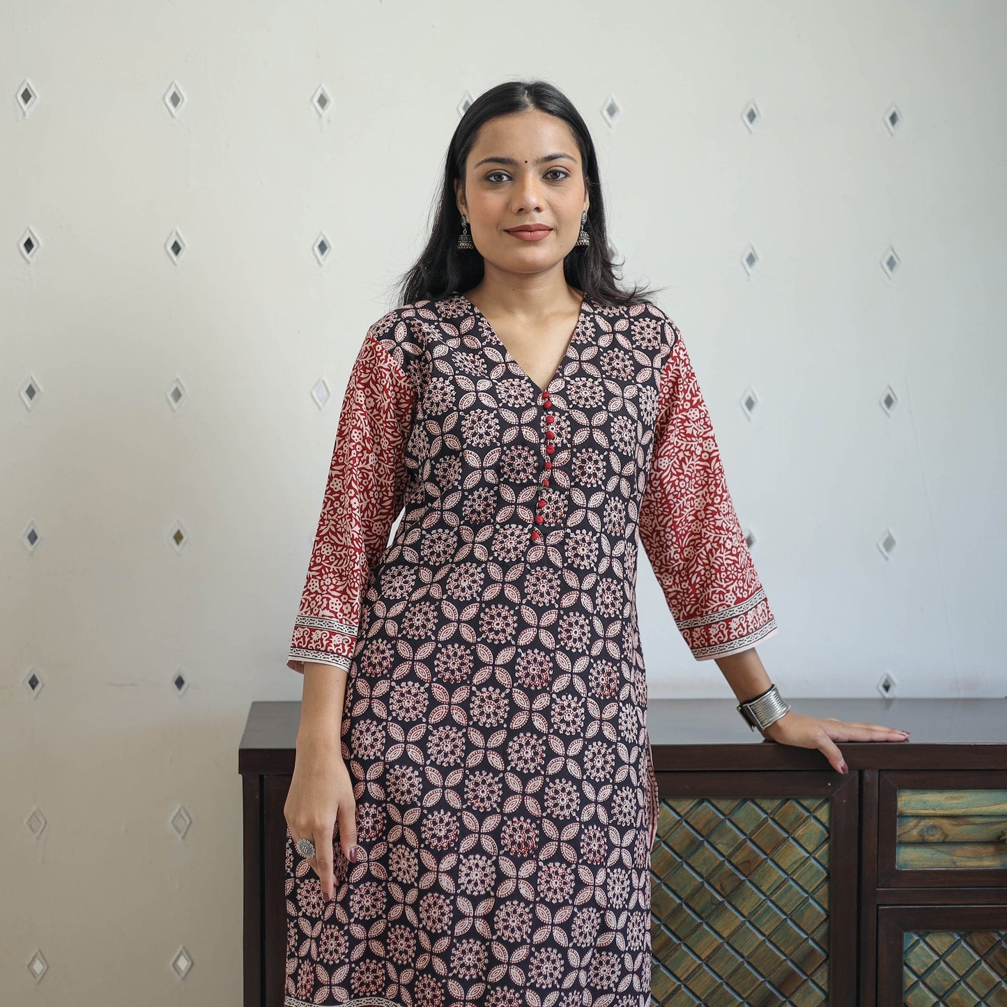 Black - Block Print Cotton Straight Bagh Kurta for Women