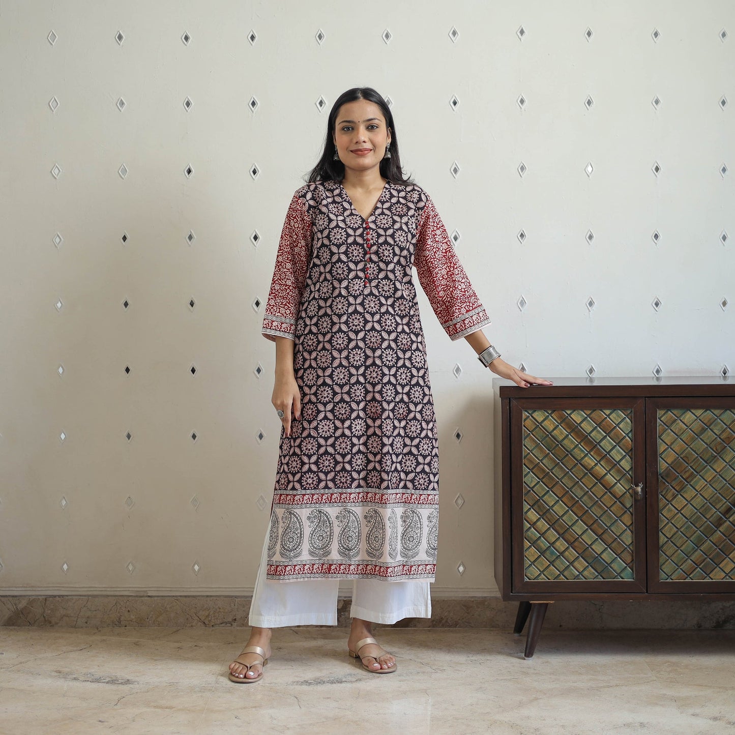 Black - Block Print Cotton Straight Bagh Kurta for Women