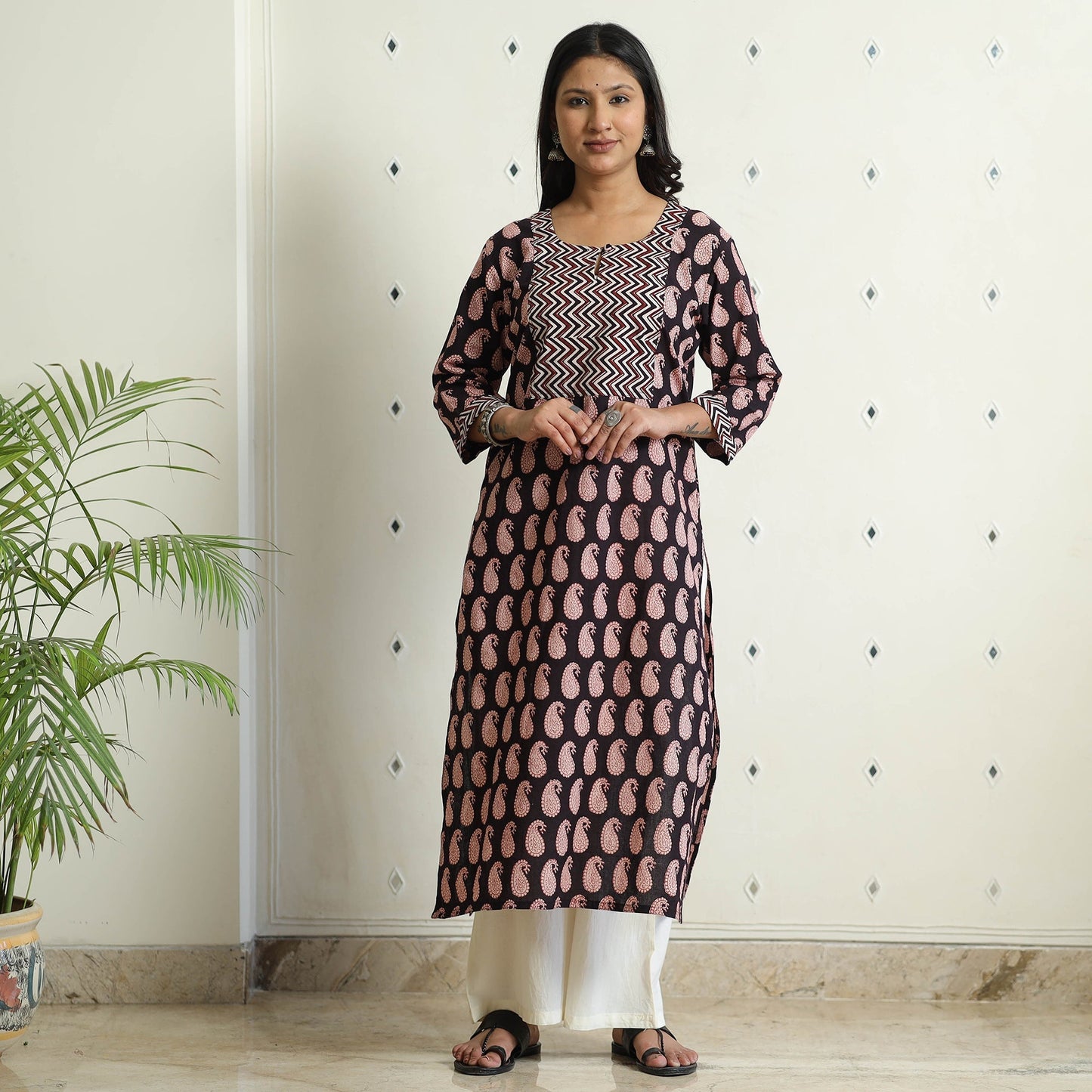 Black - Block Print Cotton Straight Bagh Kurta For Women
