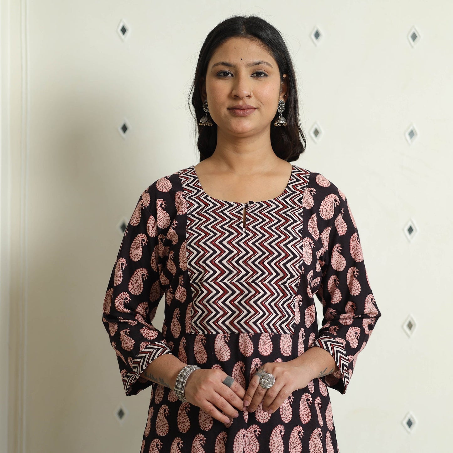 Black - Block Print Cotton Straight Bagh Kurta For Women