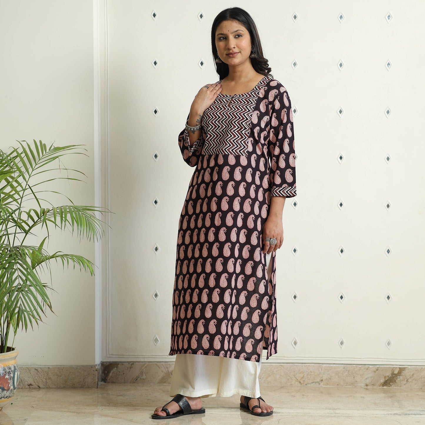 Black - Block Print Cotton Straight Bagh Kurta For Women
