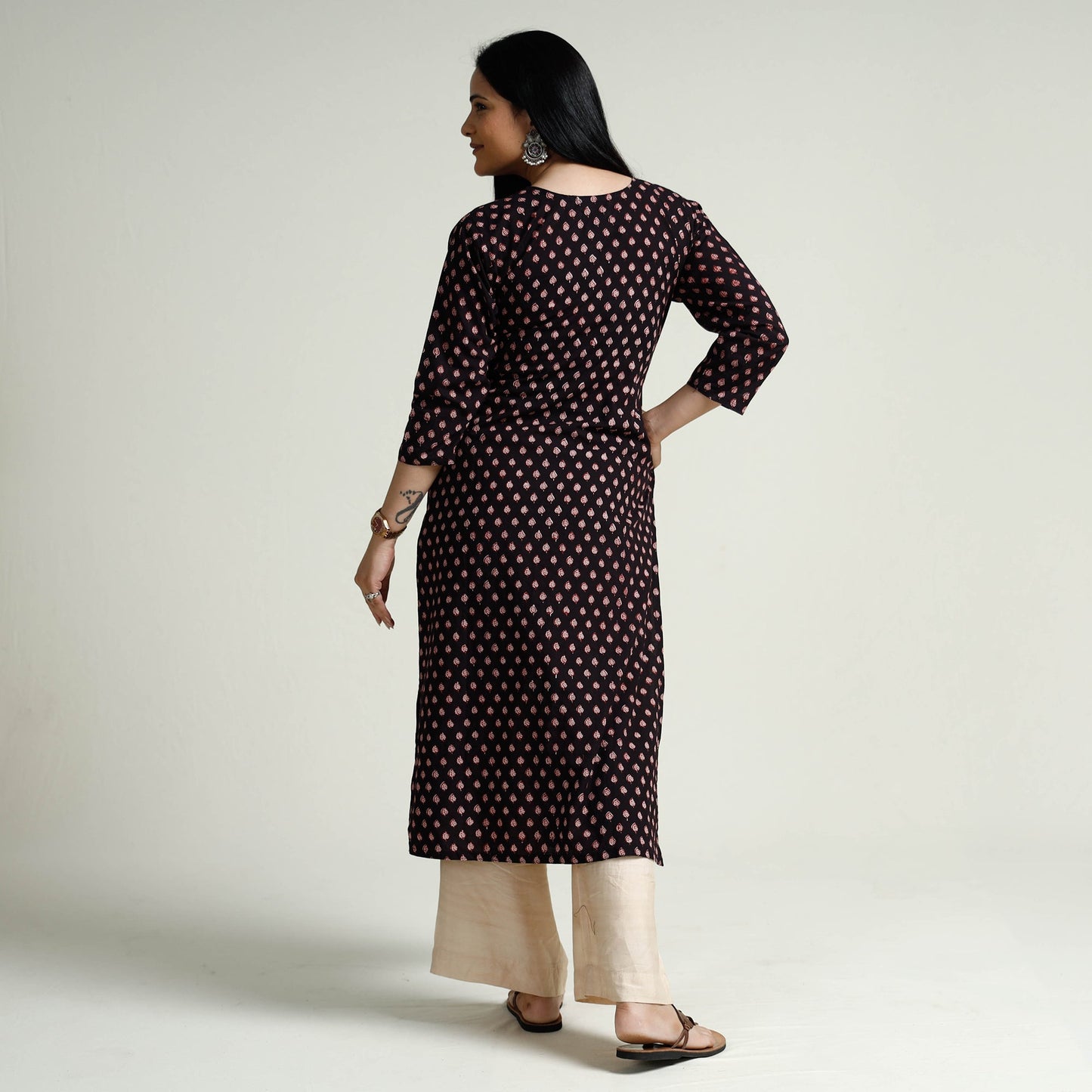 Black Block Print Cotton Straight Bagh Kurta for Women